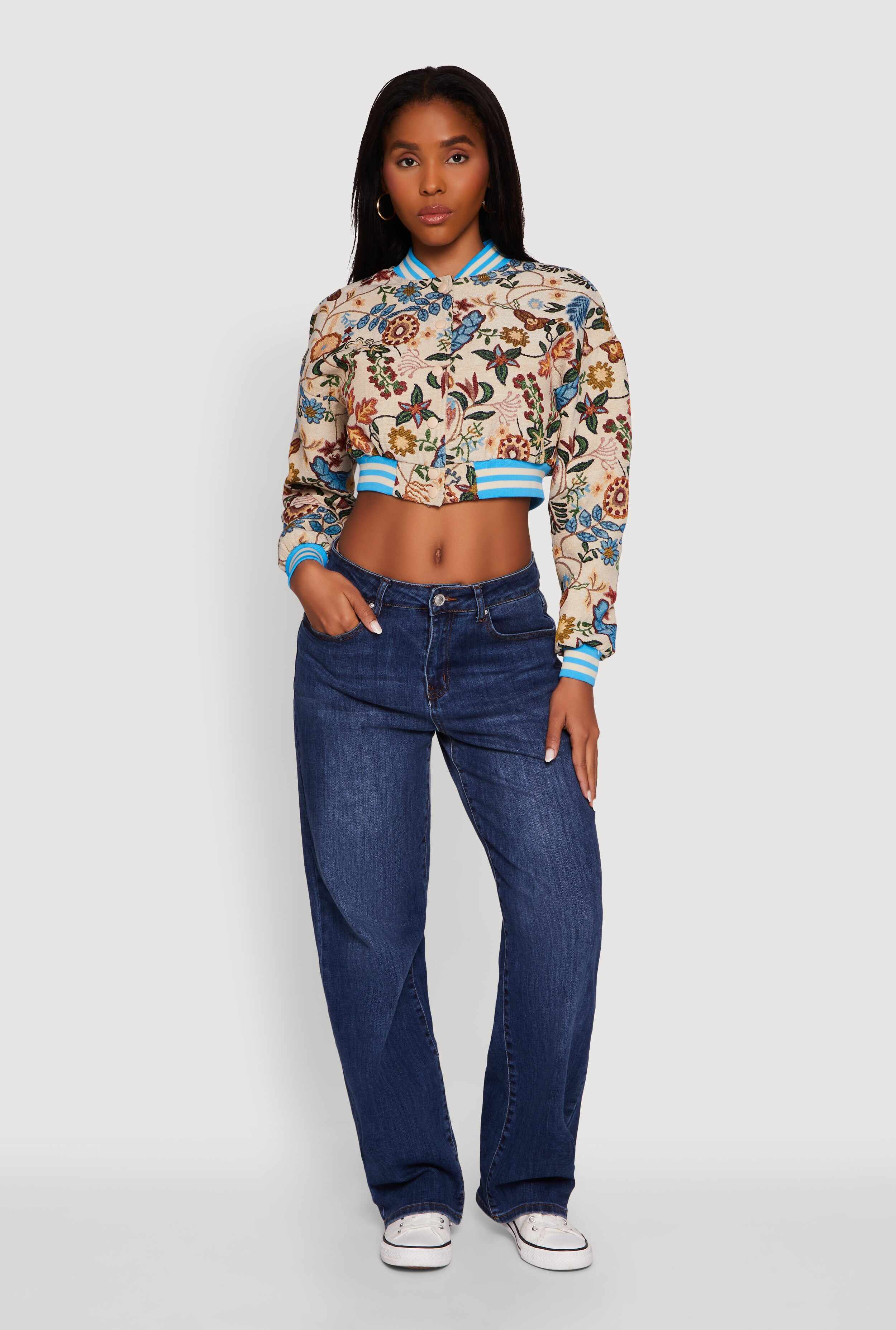Floral Jacquard Varsity Stripe Cropped Bomber Jacket