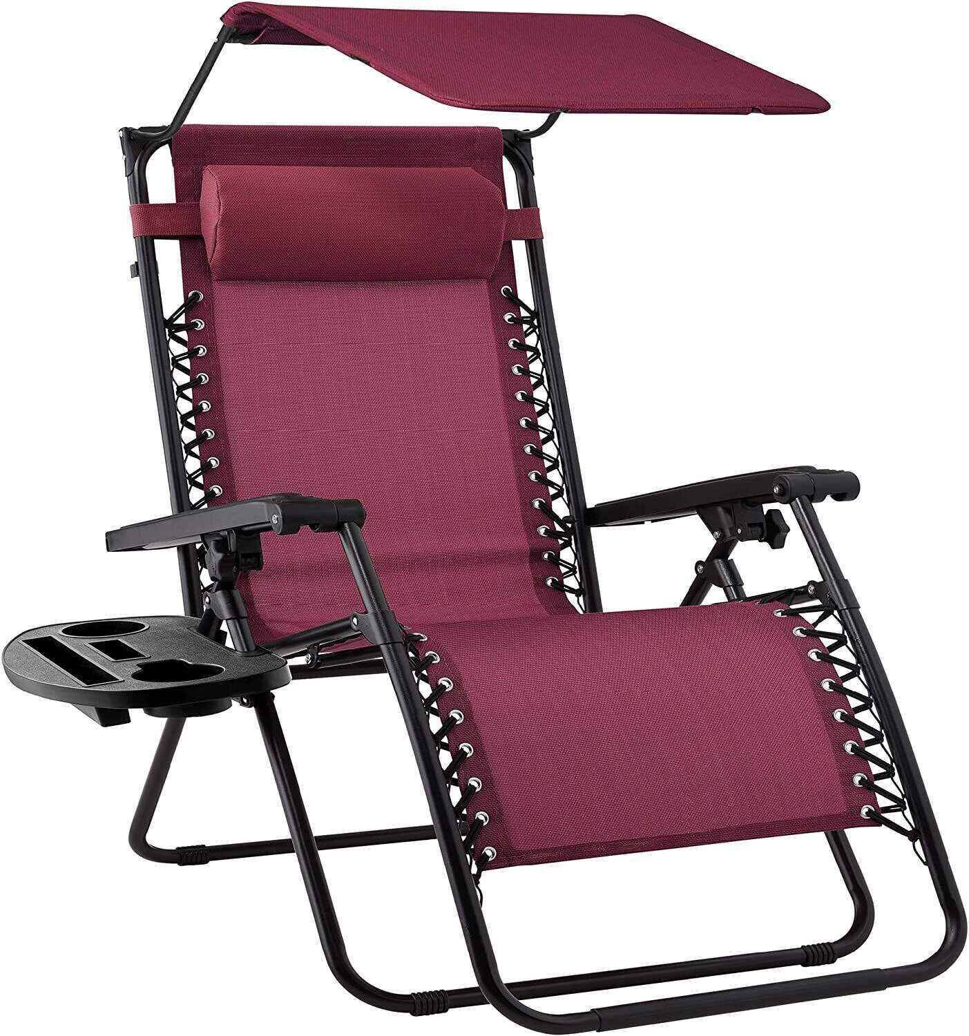 Folding Zero Gravity Recliner Patio Lounge Chair w/Adjustable Canopy Shade, Headrest, Side Accessory Tray, Textilene Mesh - Beige