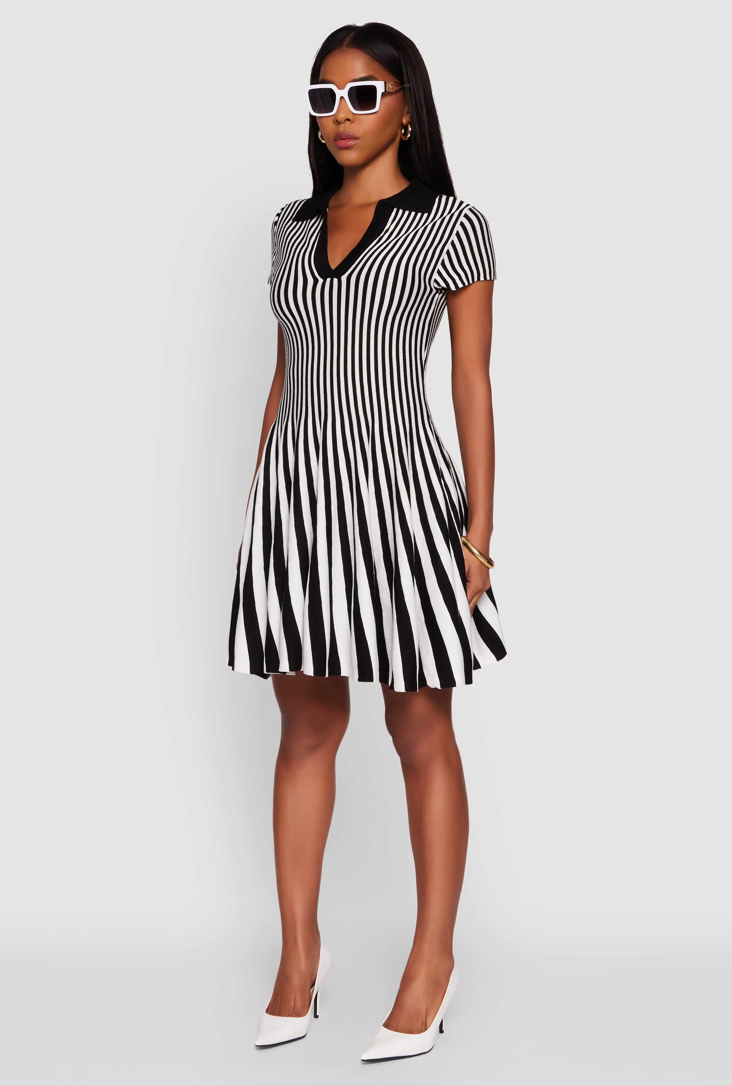 Trendy Striped Short Sleeve Polo Skater Dress