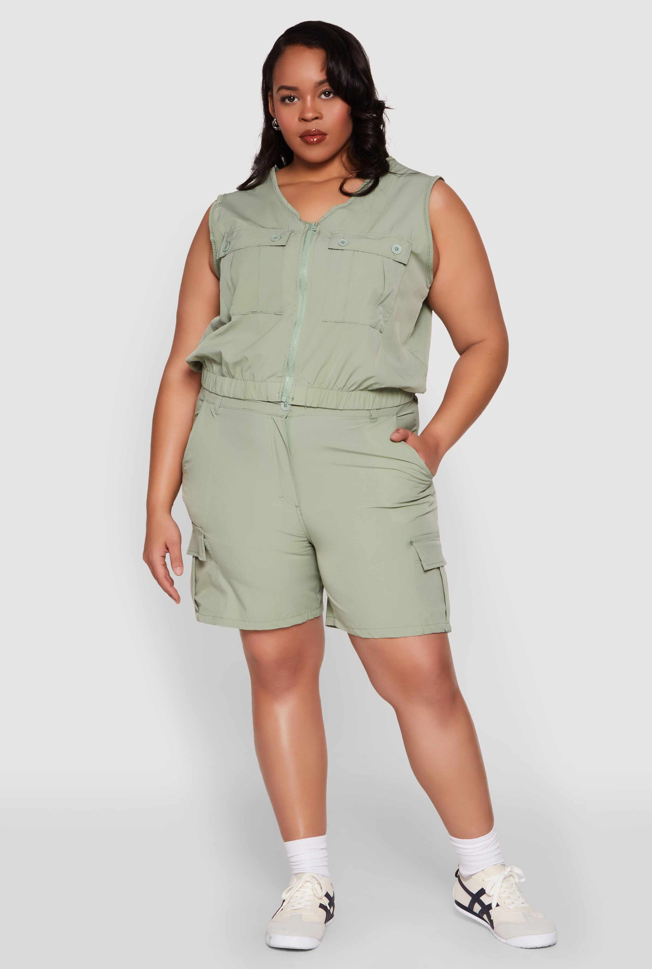 Plus Size Zip Front Cargo Pocket Top