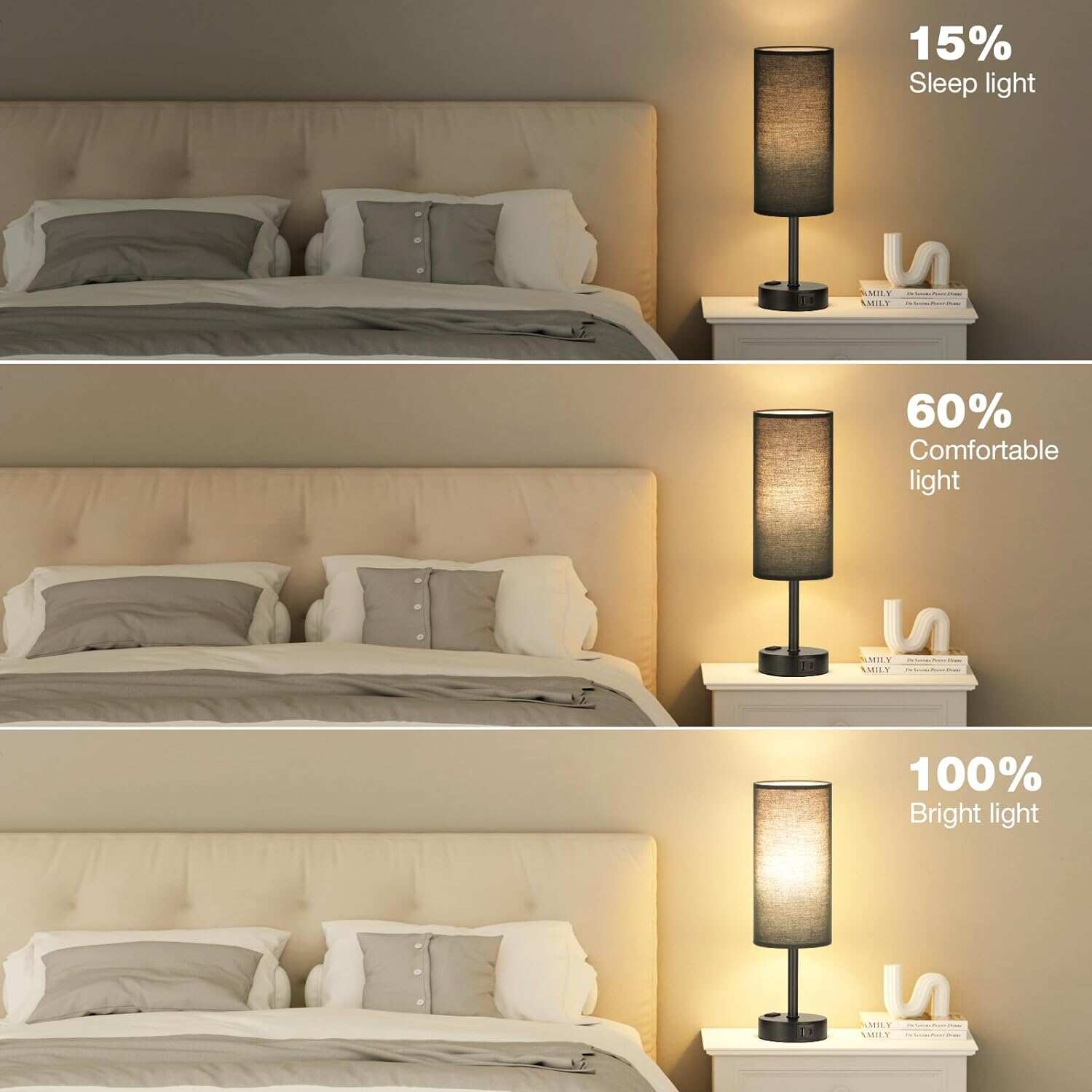 Bedside Table Lamp for Bedroom - 3 Way Dimmable Touch Lamp USB C Charging Ports and AC Outlet, Small Lamp Wood Base Round Flaxen Fabric Shade for Living Room, Desk, LED Bulb Included