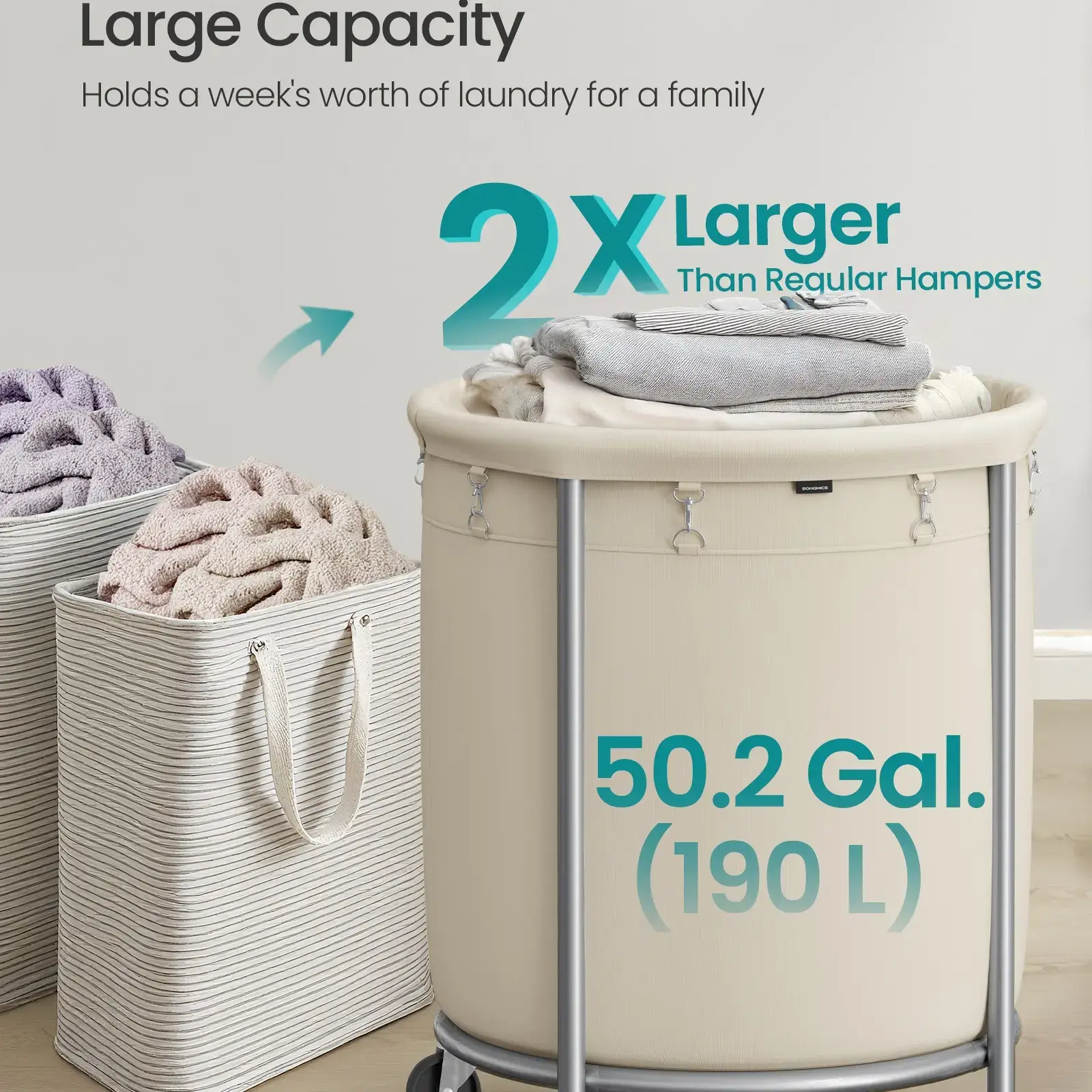 SONGMICS Rolling Laundry Basket with Wheels - Cream & Silver