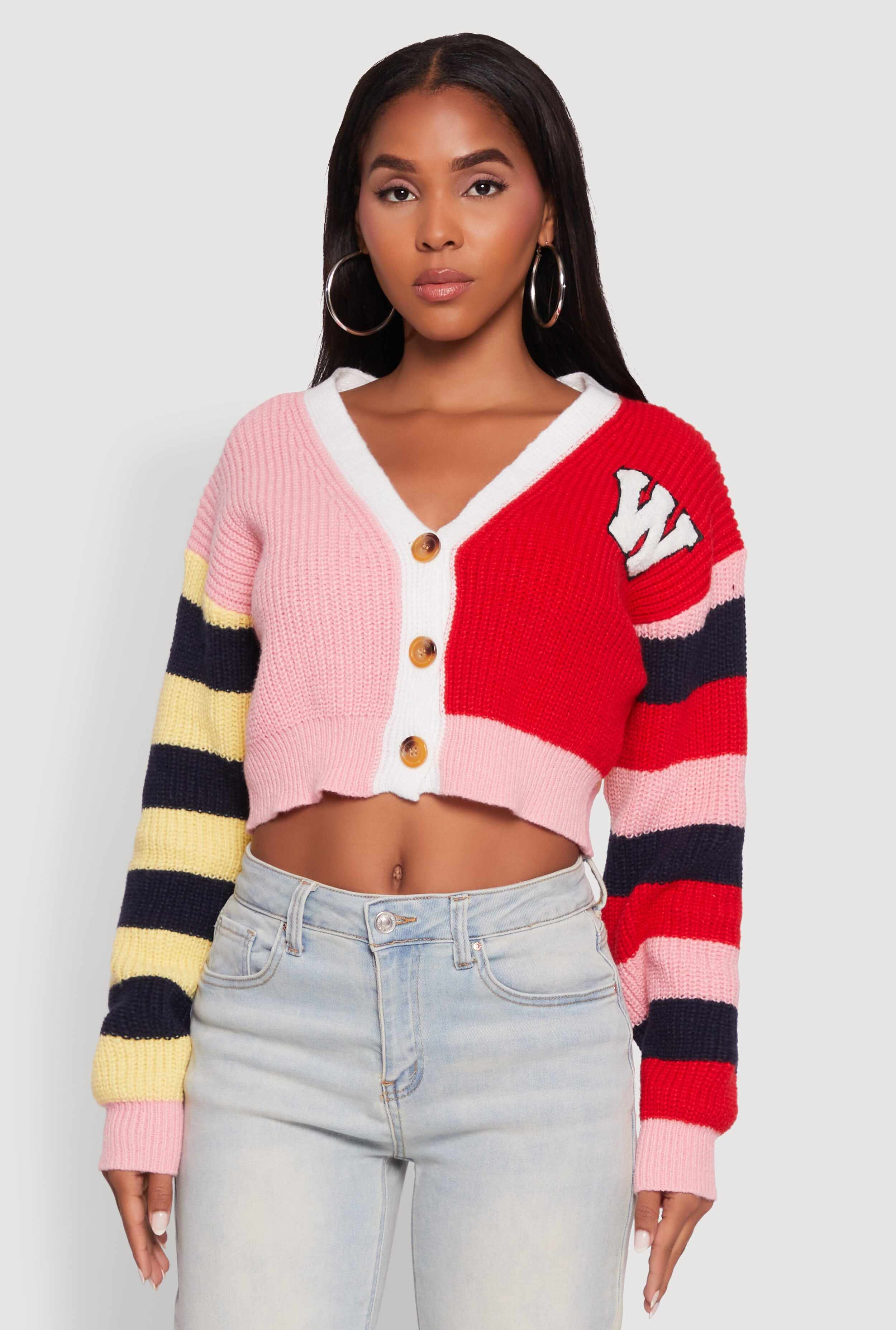 Daisy Color Block Patch Cropped Button Front Cardigan