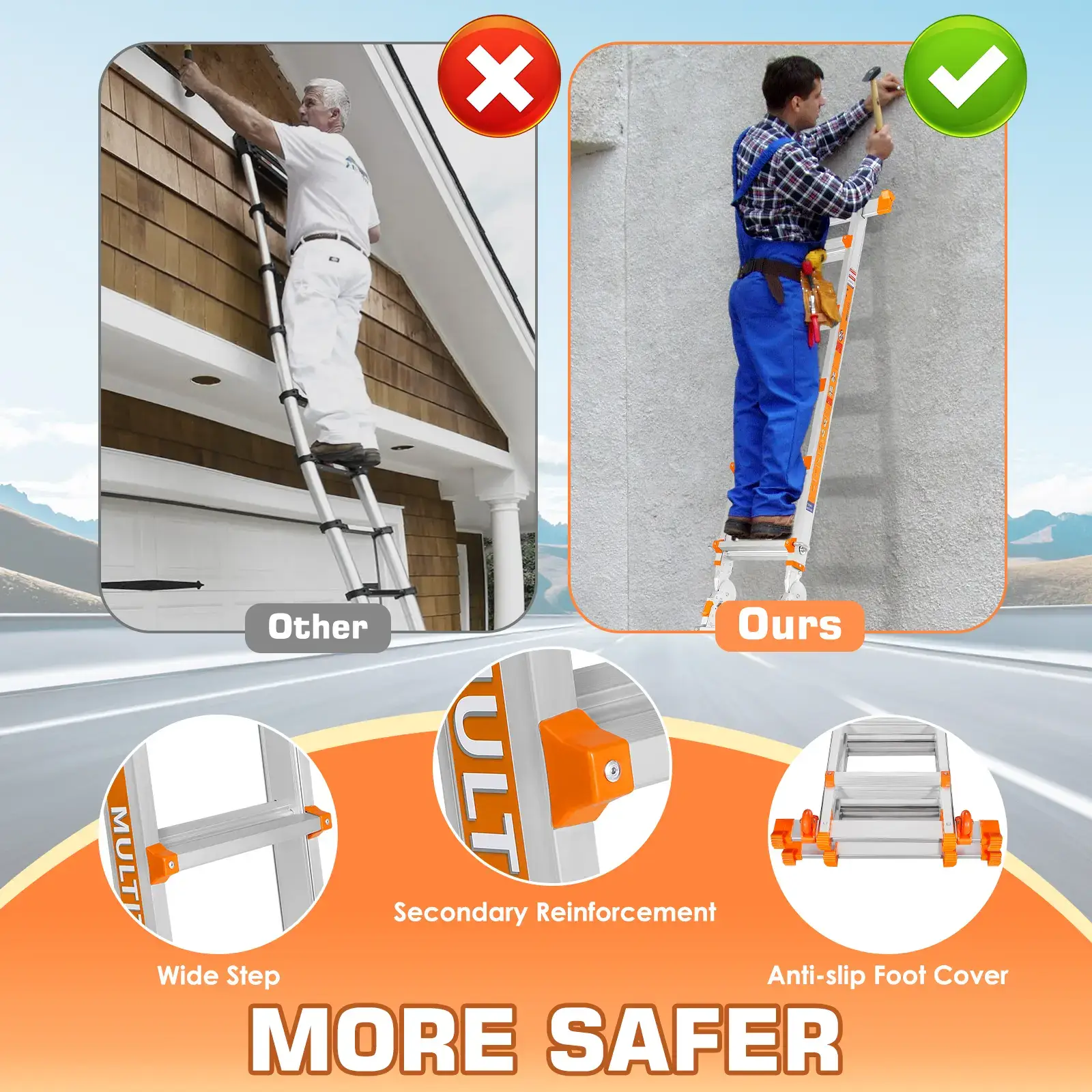 Extendable Telescopic Multi-Position Ladder - Convertible Modes, A-Frame Step Ladder with Stabilizer Bars, Narrow Folded Width, 330LBS Load Capacity, Wheels, Safe for Home & Outdoor Roof Work, Extendable Telescopic Ladders