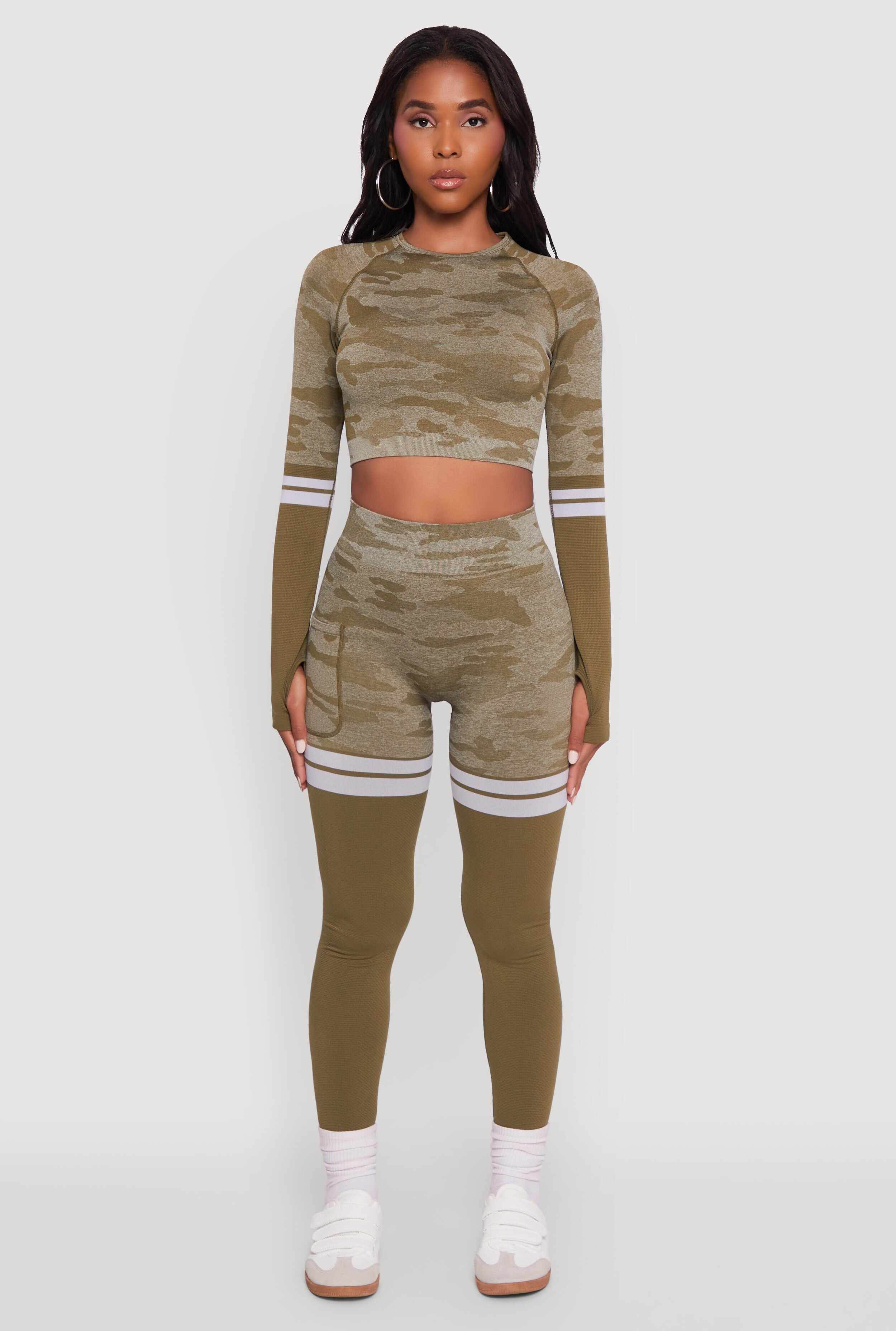 Camo Two Tone Long Sleeve Crop Top with Thumb Holes