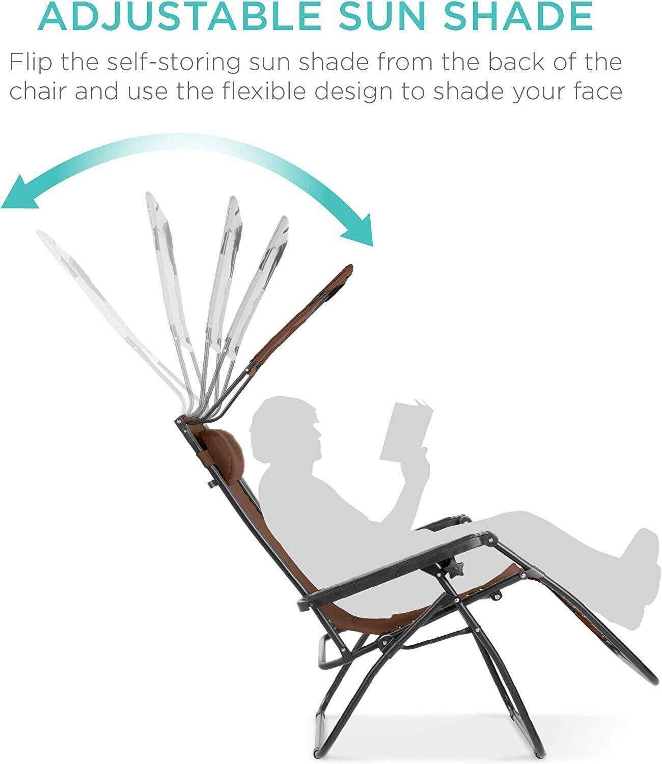 Folding Zero Gravity Recliner Patio Lounge Chair w/Adjustable Canopy Shade, Headrest, Side Accessory Tray, Textilene Mesh - Beige
