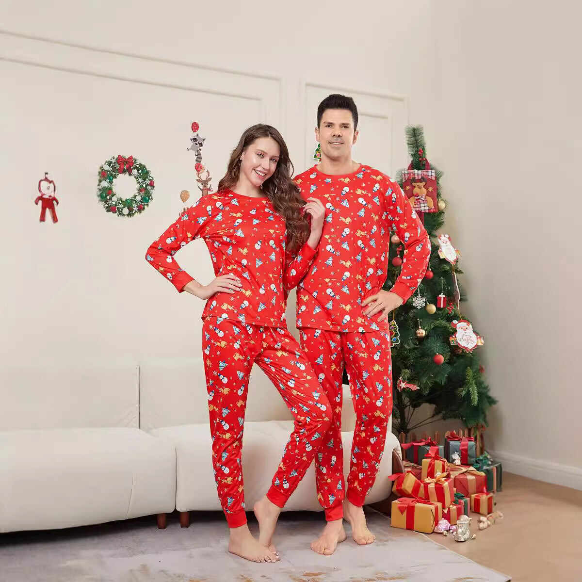 Family Parent-Child Christmas Tree Snowman Deer Printed Pajamas Set