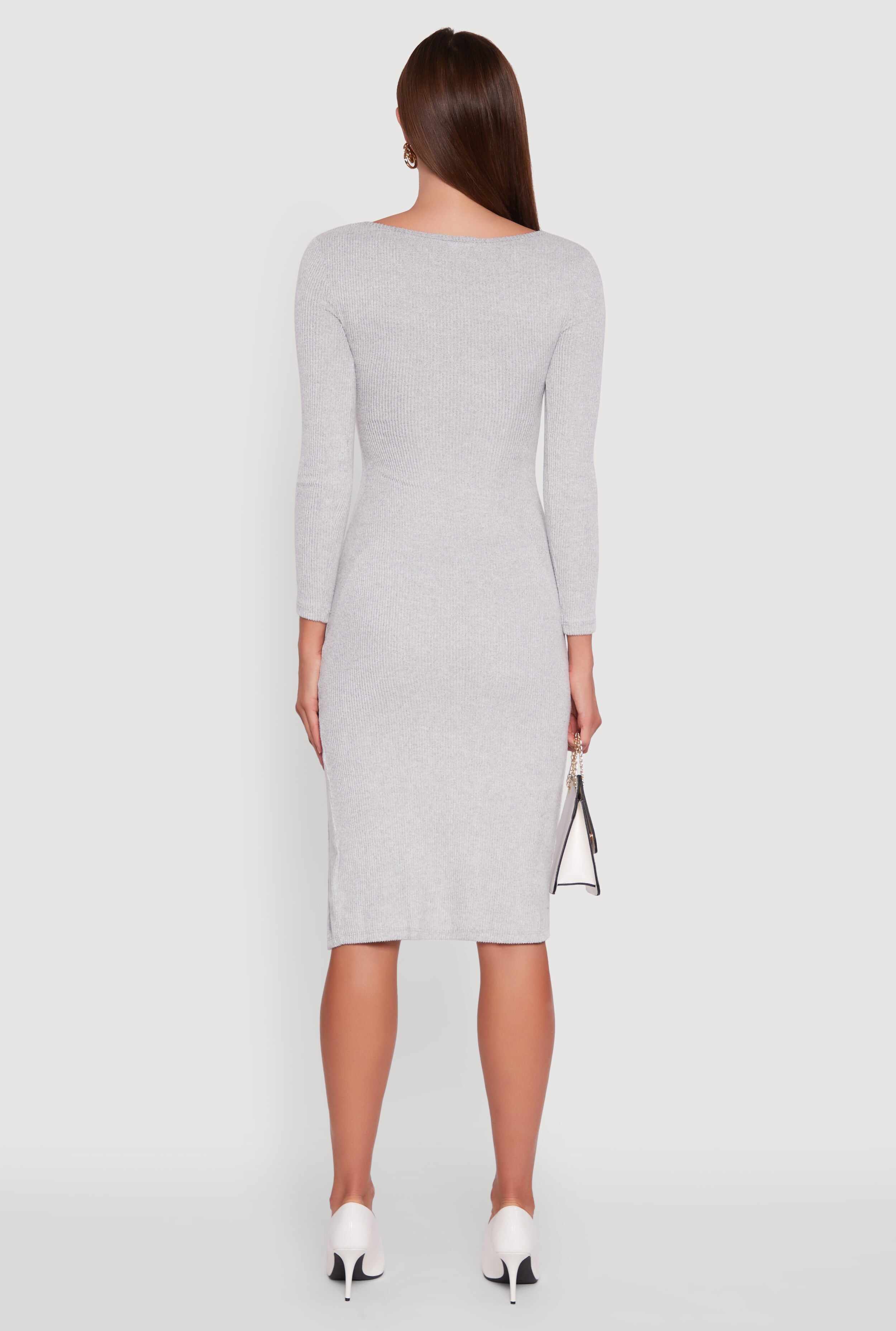Marled Boat Neck Ruched Side Slit Midi Dress