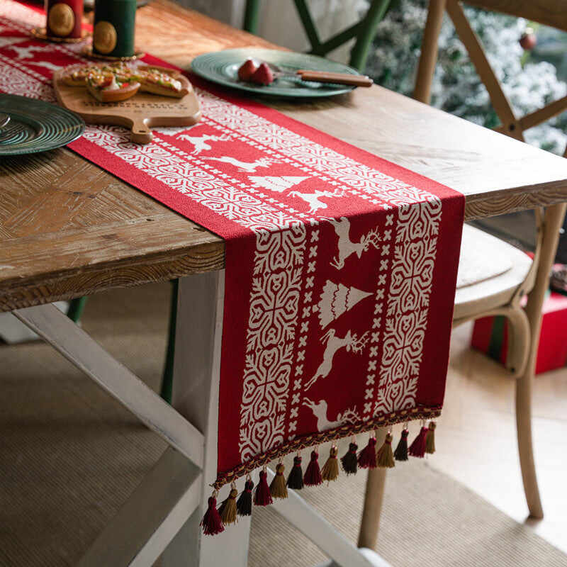 Christmas Festival Snowman Table Runner with Tassels