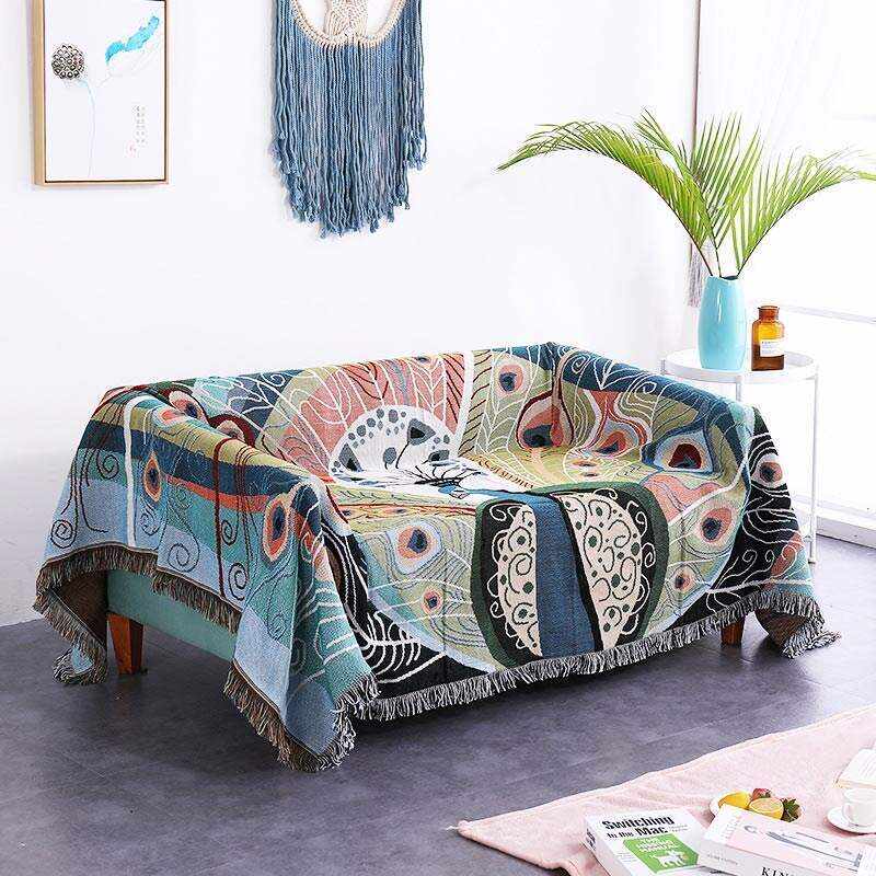 Peacock Print Tassel Reversible Blanket