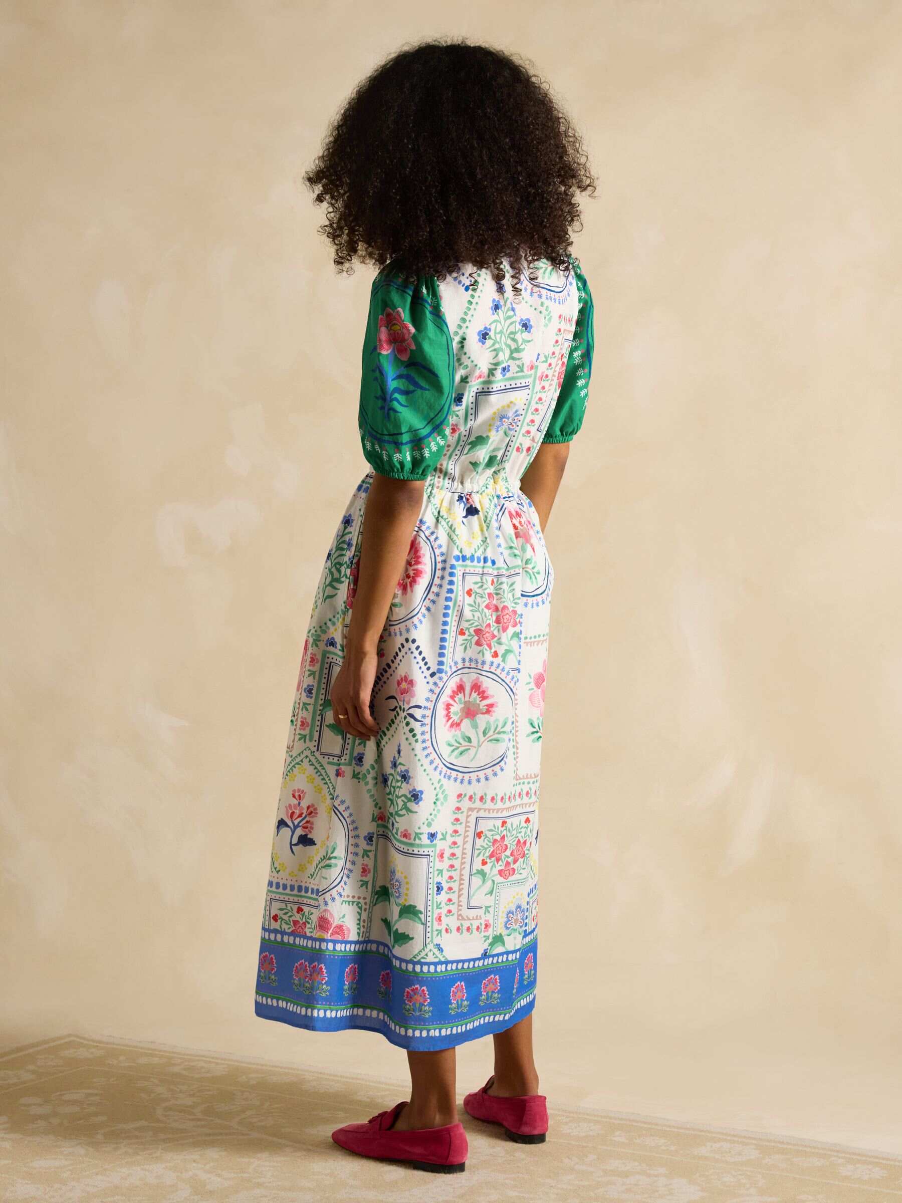 Florence Cream Tile Print Cotton Midi Dress