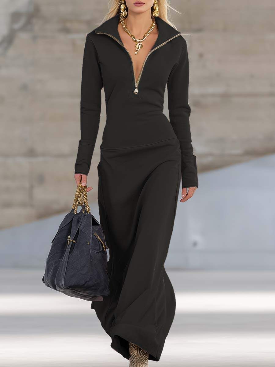 Elegant Retro Sporty V-neck Front Zipper Long-sleeved Pink Maxi Dress