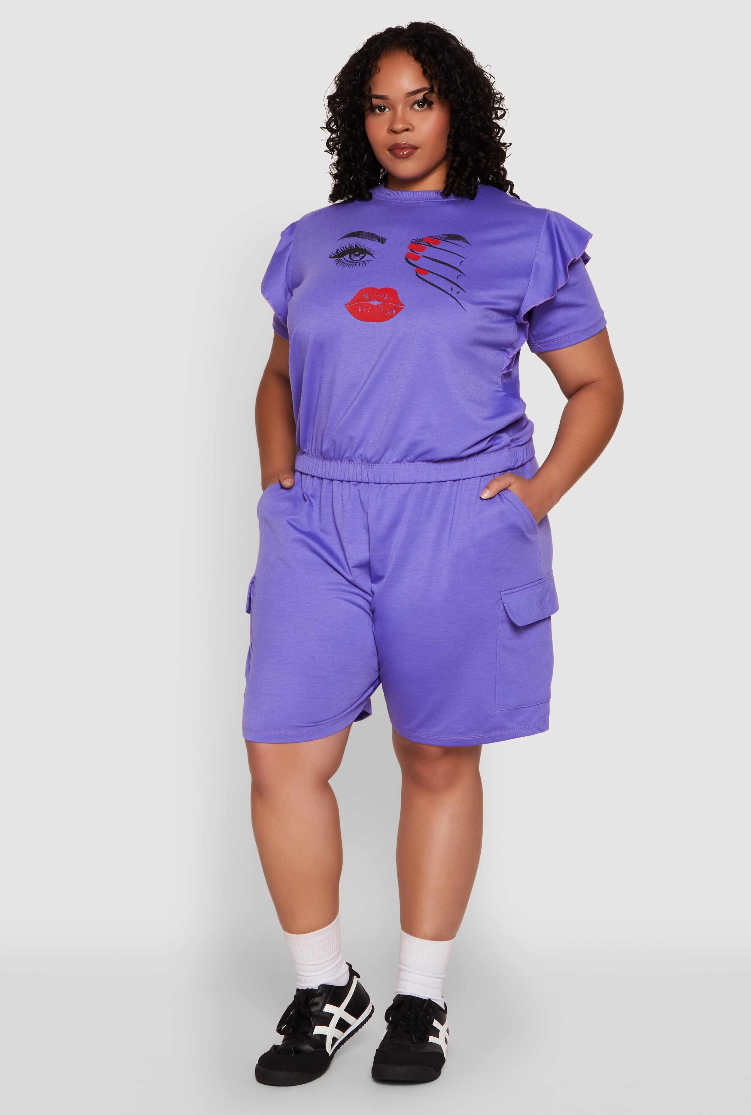 Plus Size Tiered Ruffle Sleeve Face Graphic Top