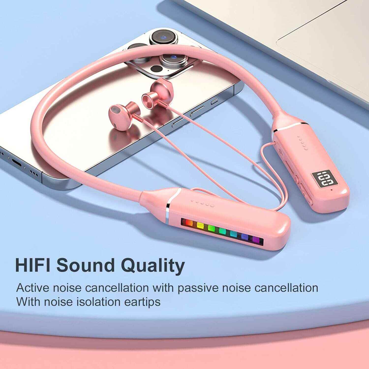Bluetooth Neckband Headphone, Neckband Earphones Wireless, LED Power Display Memory Card Playback Magnetic Earbuds Headset with RGB Backlight (Black)