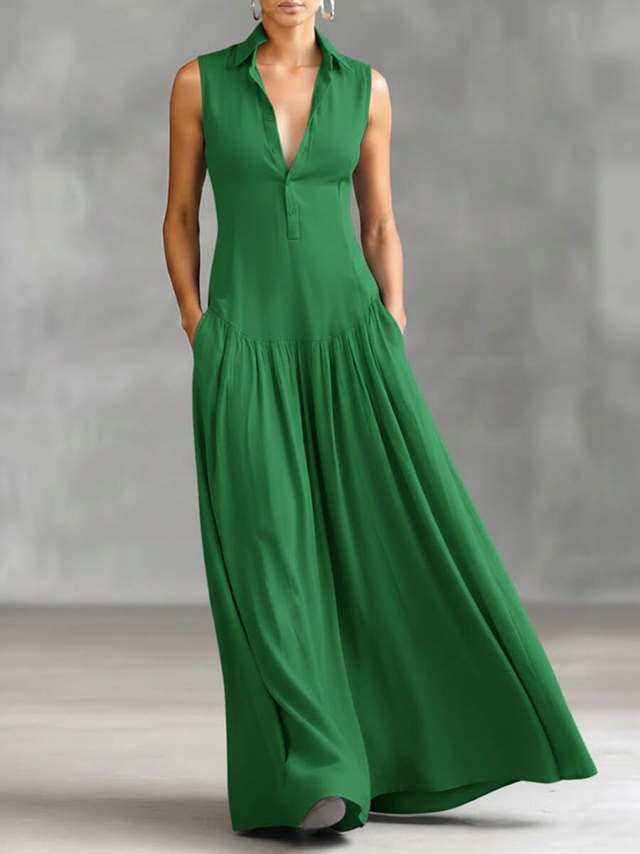 🔥Summer Arrivals🌟Women's Solid Color Lapel Sleeveless Casual Loose Cotton Dress