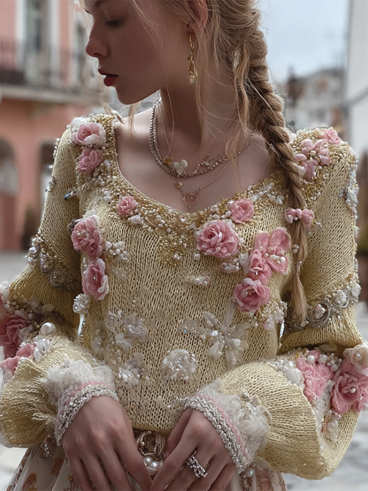 Bohemian Style Floral Embroidery Women's Round Neck Long Sleeve Knitted Sweater