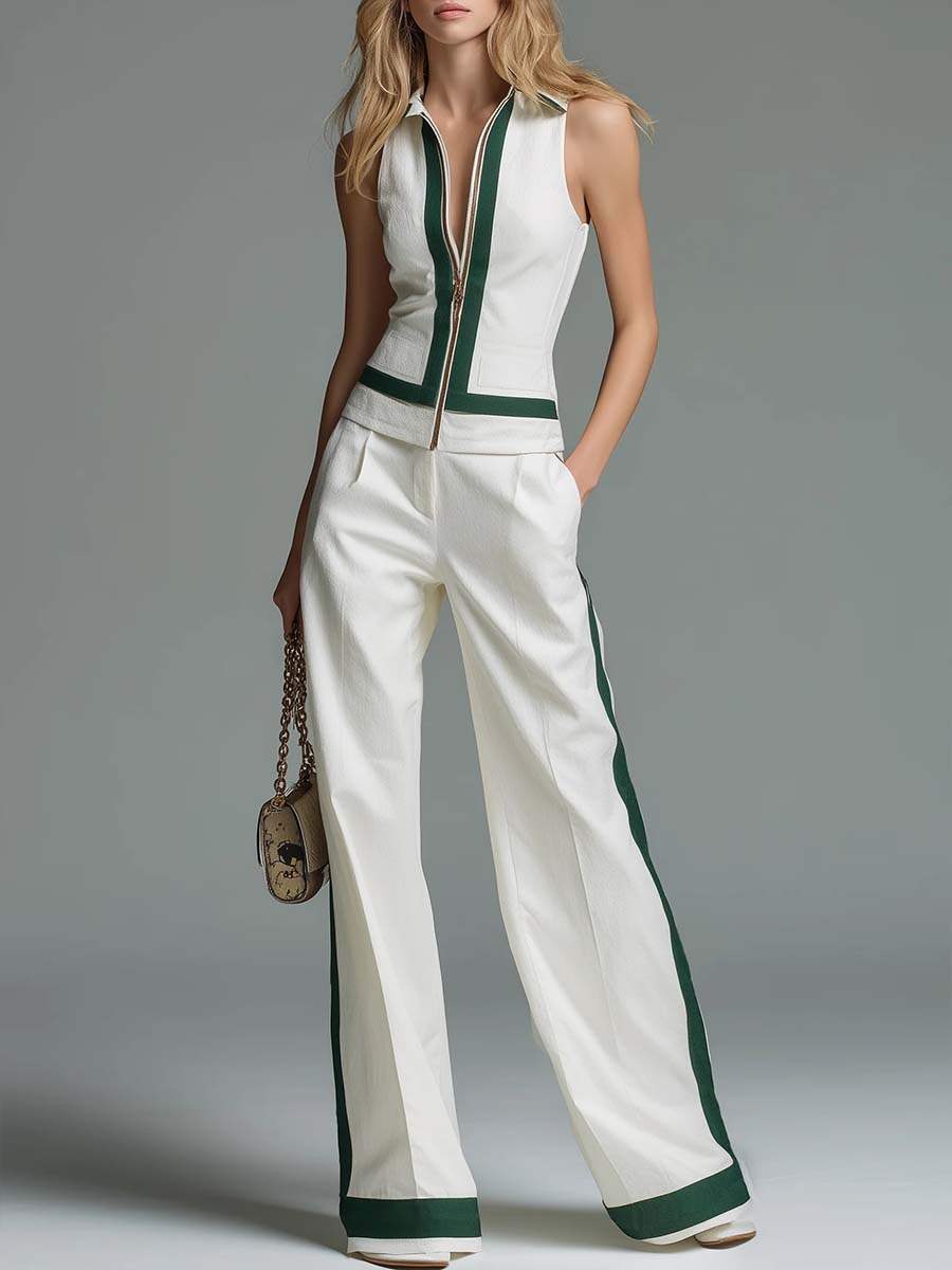 🔥Summer Arrivals🌟Women's Collared Sleeveless Casual Loose Top And High-waisted Casual Loose Wide-leg Pants Cotton Set