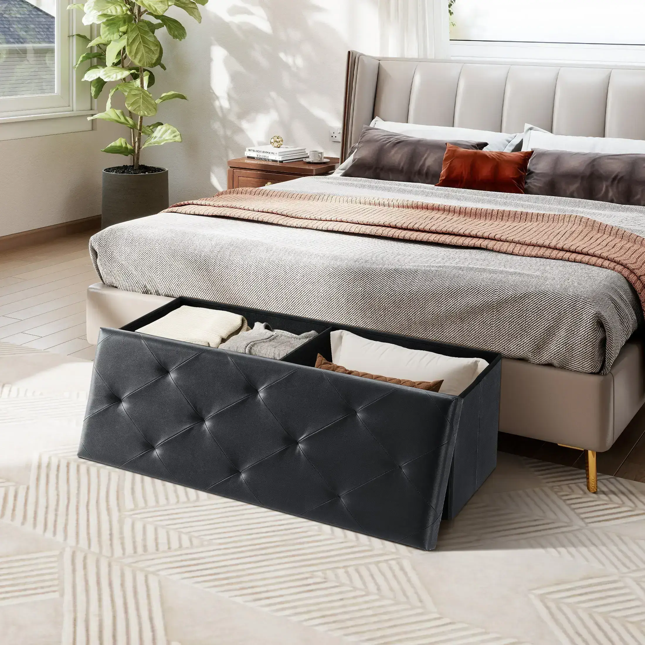 Folding Storage Ottoman Bench Modern Linen Fabric Padded Seat Large Toy Box End of Bed Entryway Comfortable Durable Multifunctional Seater