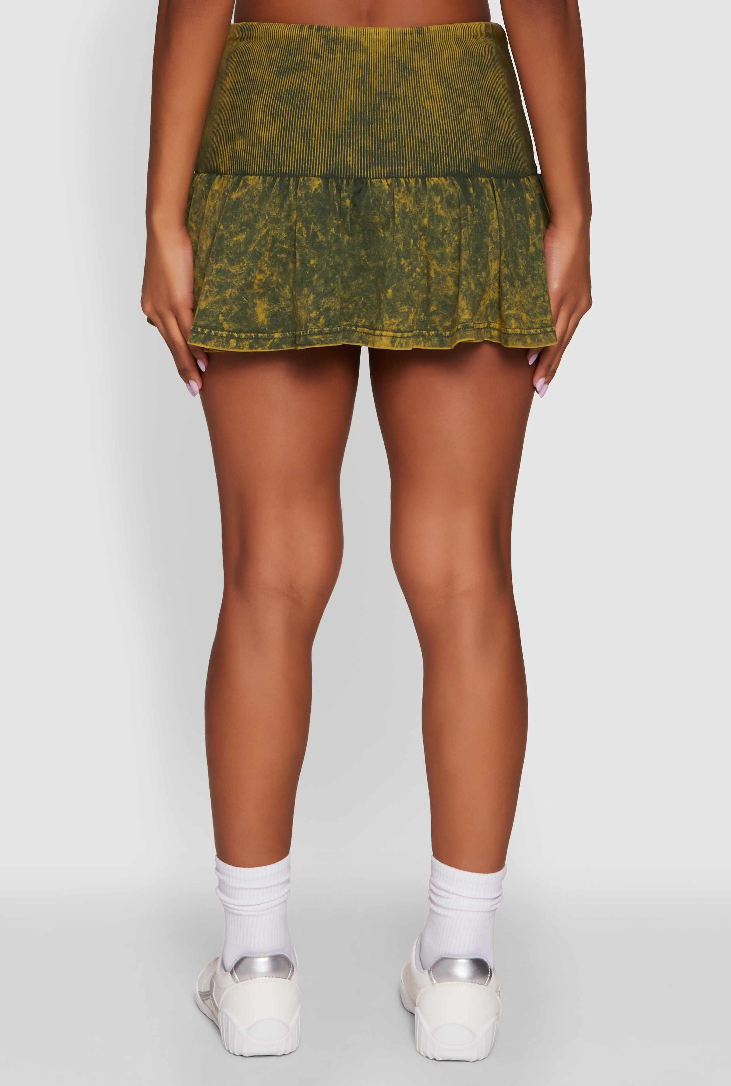 Trendy Acid Wash Ribbed Knit High Waisted Mini Pleated Skirt