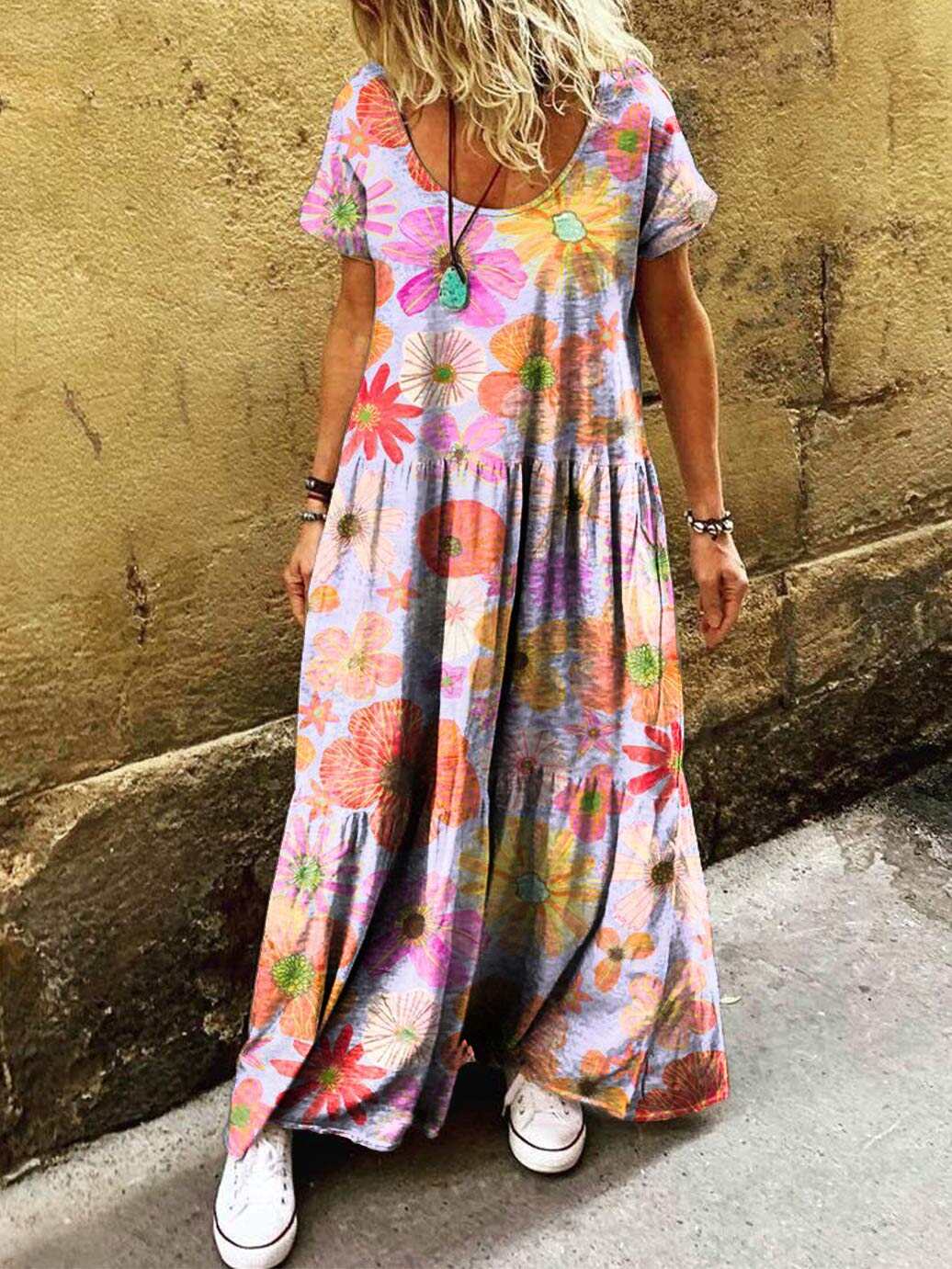 Women's Hippie Art Floral Print Round Neck Short Sleeve Dress