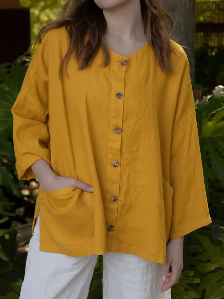 🔥Summer Arrivals🌟Women's Solid Color Round Neck Long-sleeved Casual Loose Cotton And Linen Top