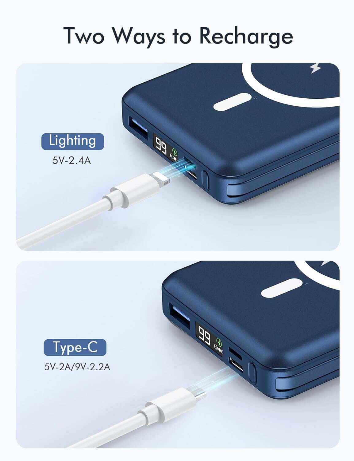 podoru Wireless Portable Charger, 10000mAh Magnetic Power Bank Built-in USB-C Lighting Cables 22.5W PD Fast Charging LED Display Mag-Safe Battery Pack for iPhone 15/14/13/12/Mini/Pro/Pro Max - White