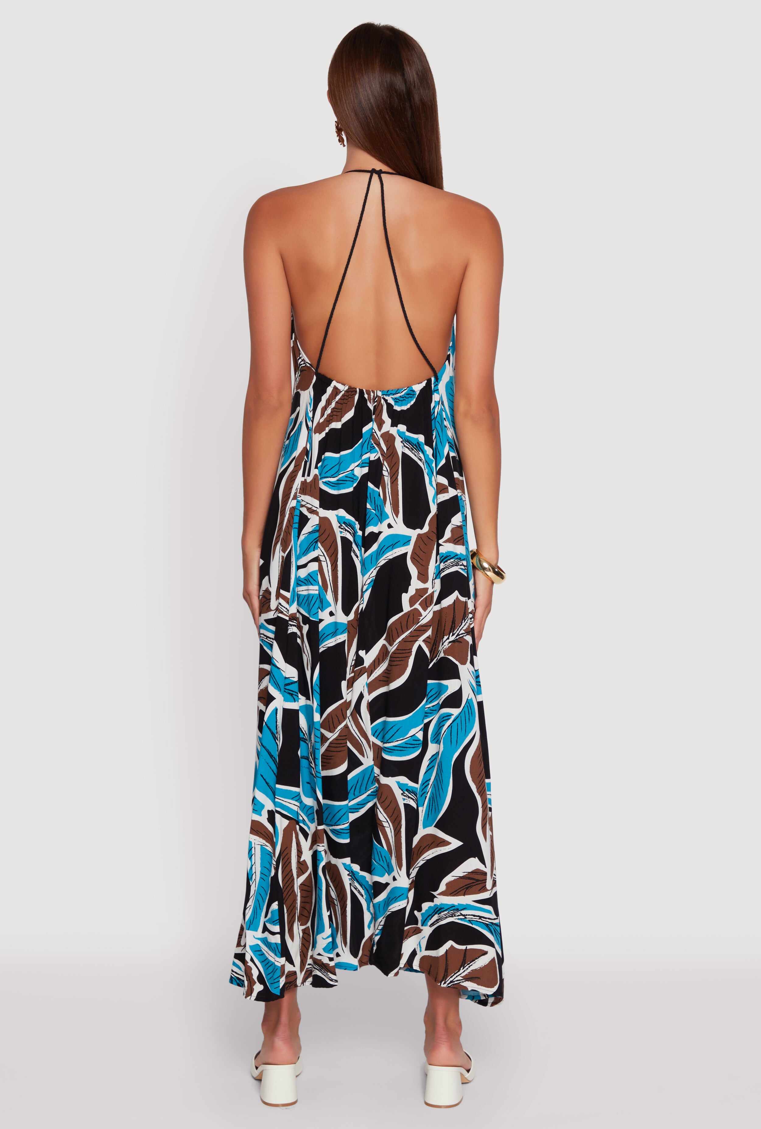 Tropical Leaf Print Rope Strap Halter Maxi Dress