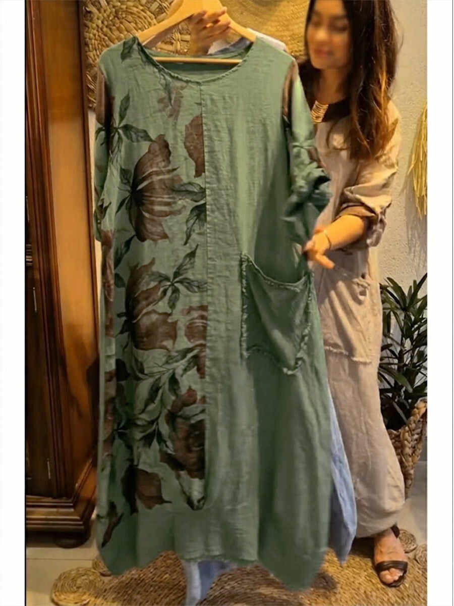 🔥Summer Arrivals🌟Loose-fitting Casual Floral Print Linen And Cotton Dress