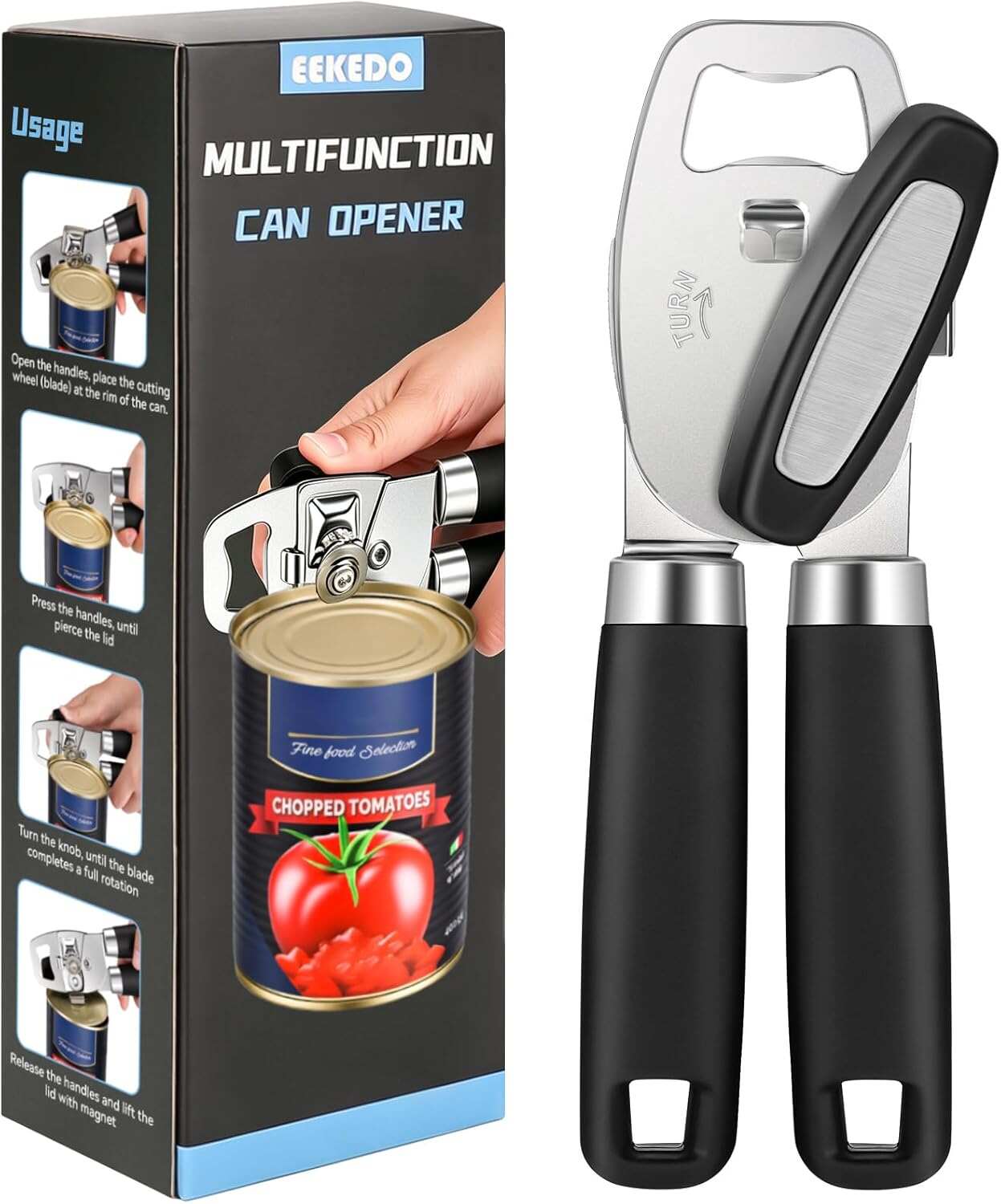 Can Opener Manual, Heavy Duty Stainless Steel Can Opener and Bottle Opener with Magnet, Multifunctional Kitchen Tool, Sharp Cutting Wheel, Soft Ergonomic Handle, Oversized Turn Knob, Black