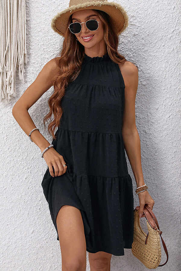 Fashion Solid Black Frill Ruffle Dress