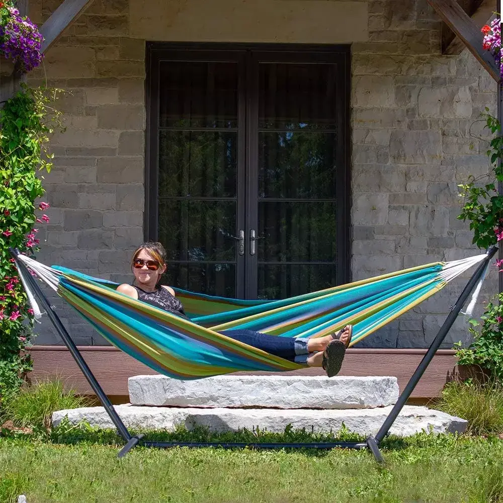 Double Cotton Hammock with Space Saving Steel Stand, Tropical (450 lb Capacity - Premium Carry Bag Included)