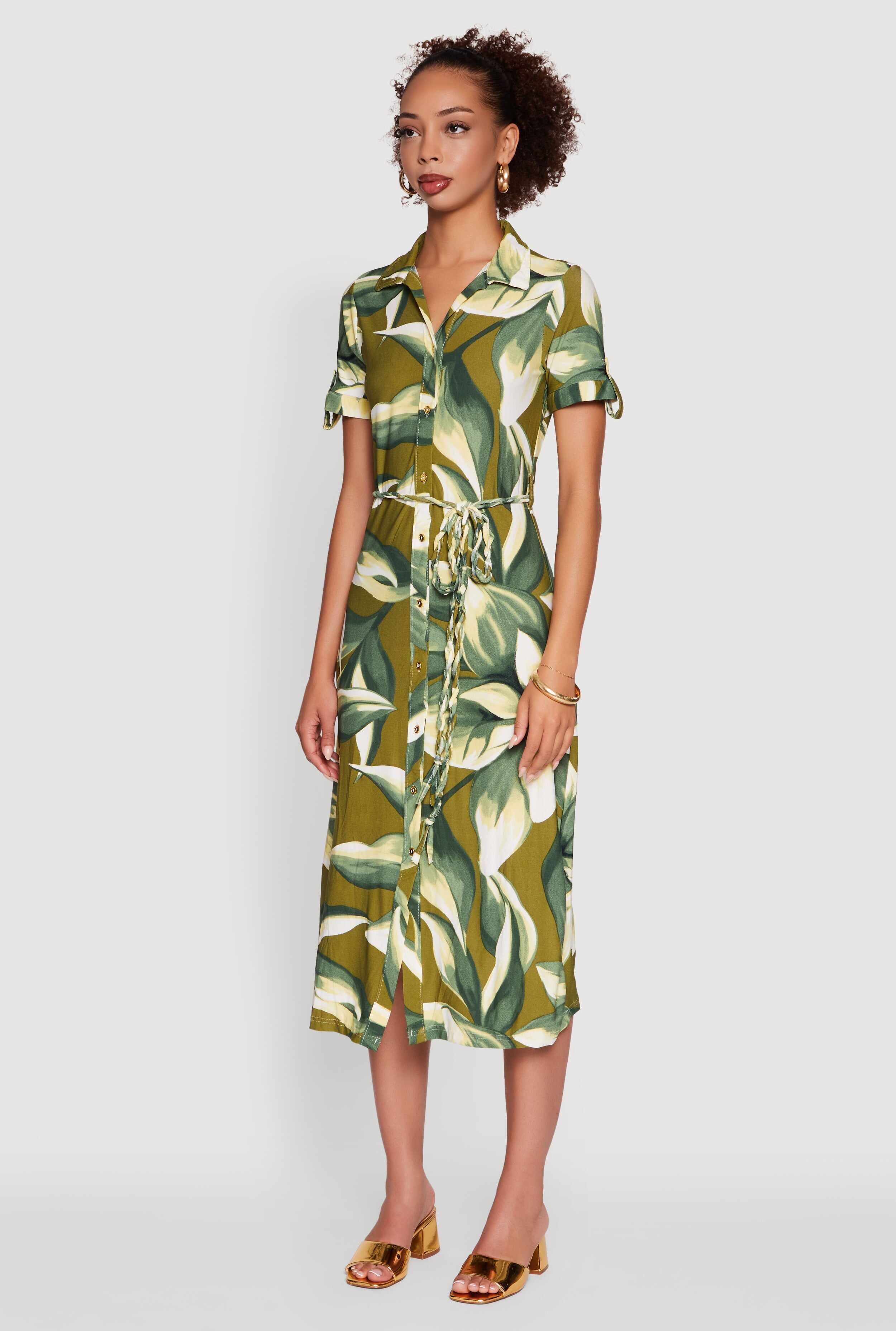 Leaf Print Button Front Shirt Dress with Tie Waist Belt