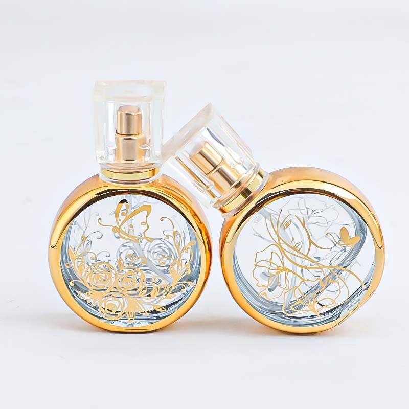 Gold Trim Round Butterfly Rose Refillable Perfume Atomizer