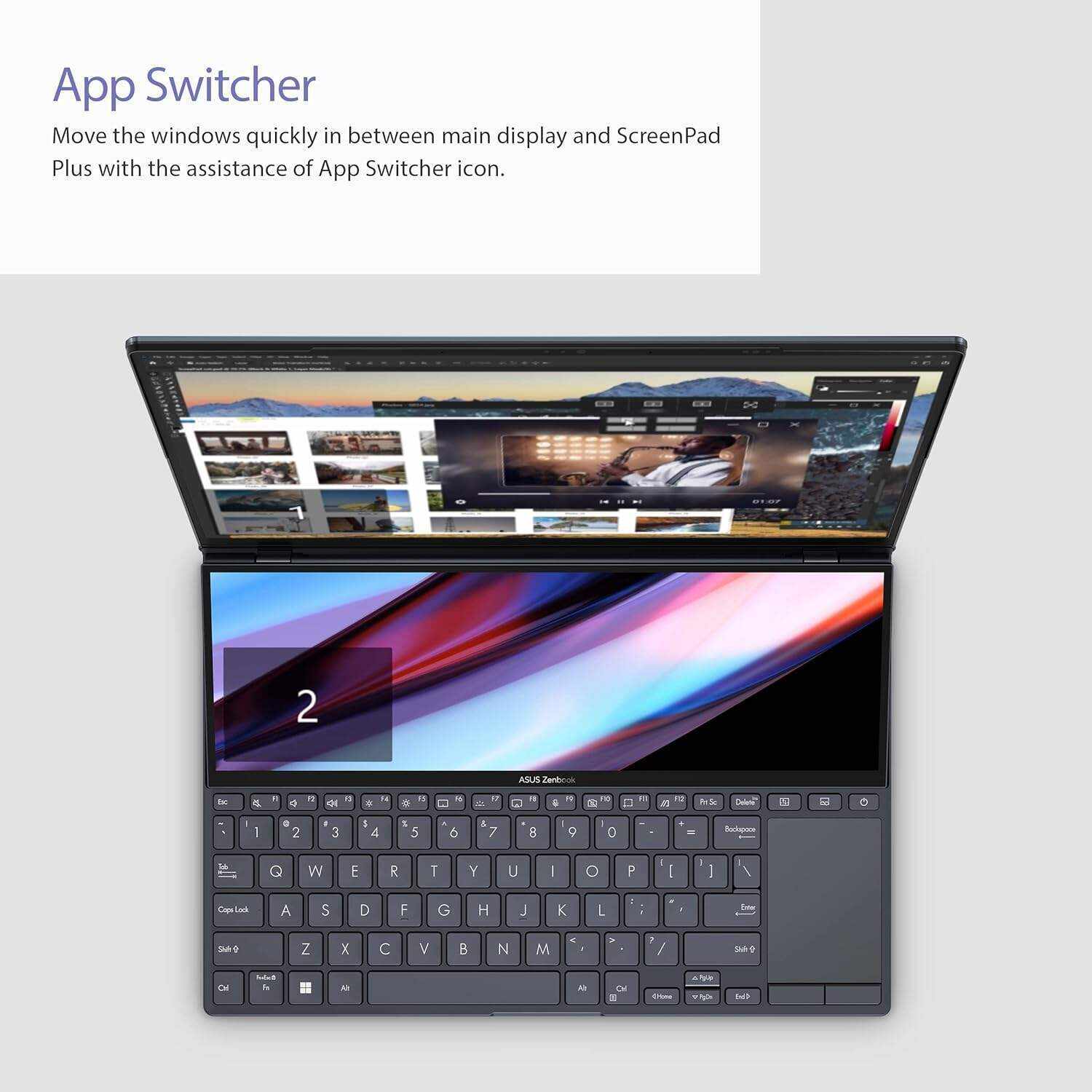 ASUS Zenbook Pro 14 Duo 14.5â€ 2.8K OLED Touch, 120Hz Refresh Rate, ScreenPad Plus, Intel i9-12900H CPU, RTX 3050Ti, 32GB RAM, 1TB SSD, Windows 11 Home, Tech Black, UX8402ZE-DB96T