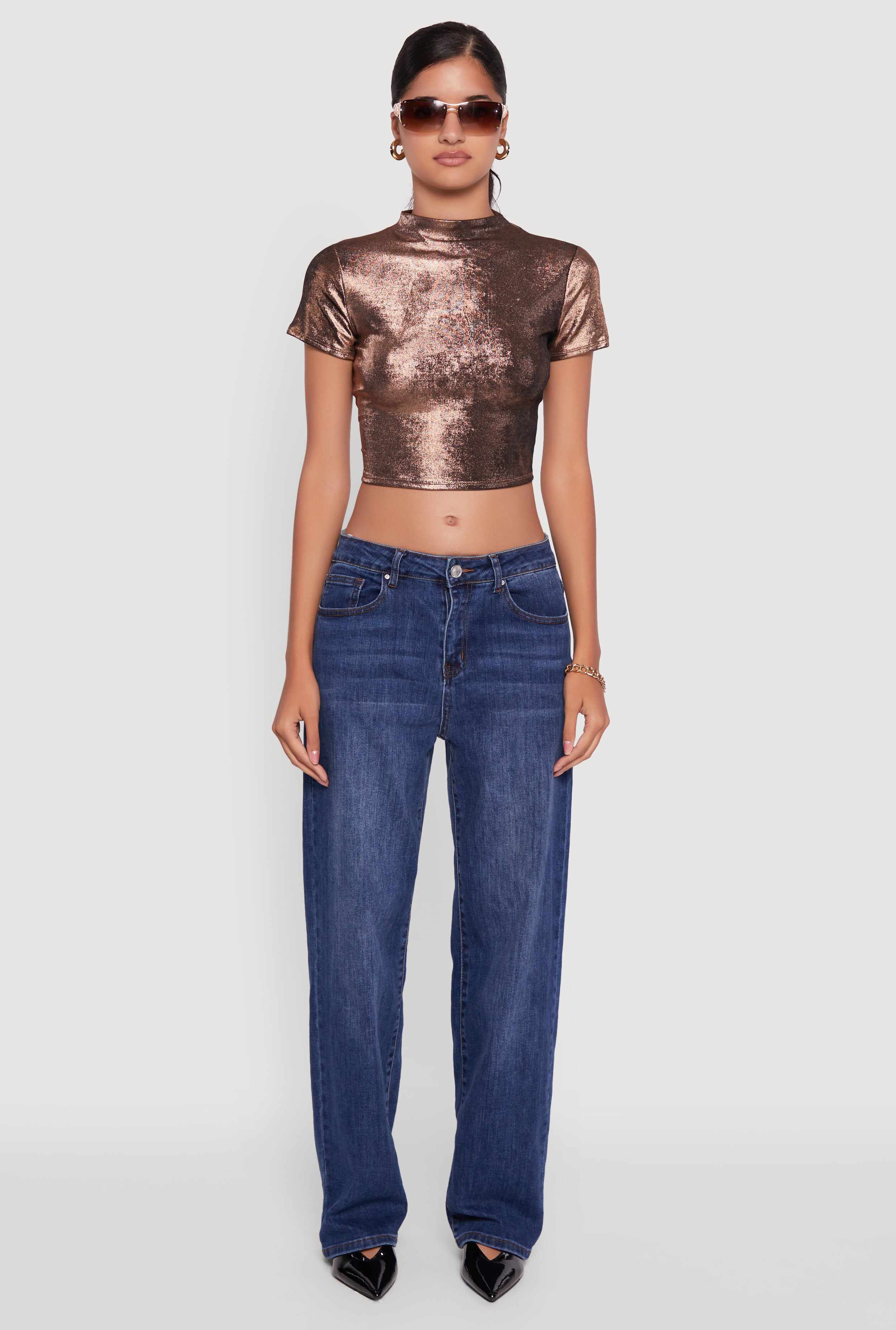 Metallic Short Sleeve Crop Top