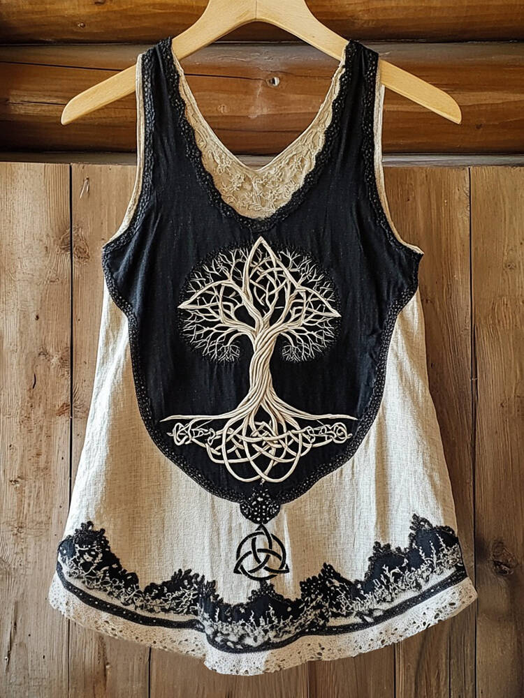 Vintage Life Of Tree Patchwork Art Comfy Tank