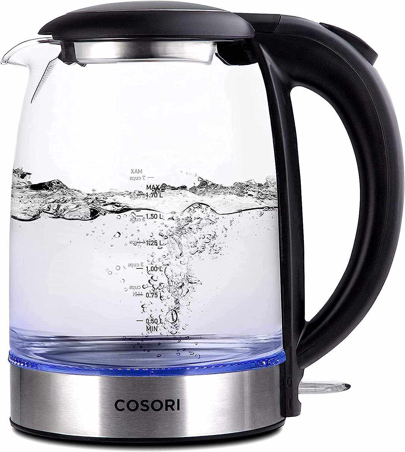 Electric Kettle with Stainless Steel Filter and Inner Lid, 1500W Wide Opening 1.7L Glass Tea Kettle & Hot Water Boiler, LED Indicator Auto Shut-Off & Boil-Dry Protection, BPA Free, Matte Black