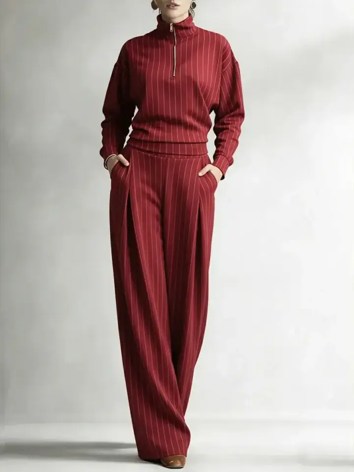 🔥Summer Arrivals🌟Women's Striped Stretch Cotton Half-zip Top And Wide-leg Pants Two-piece Set