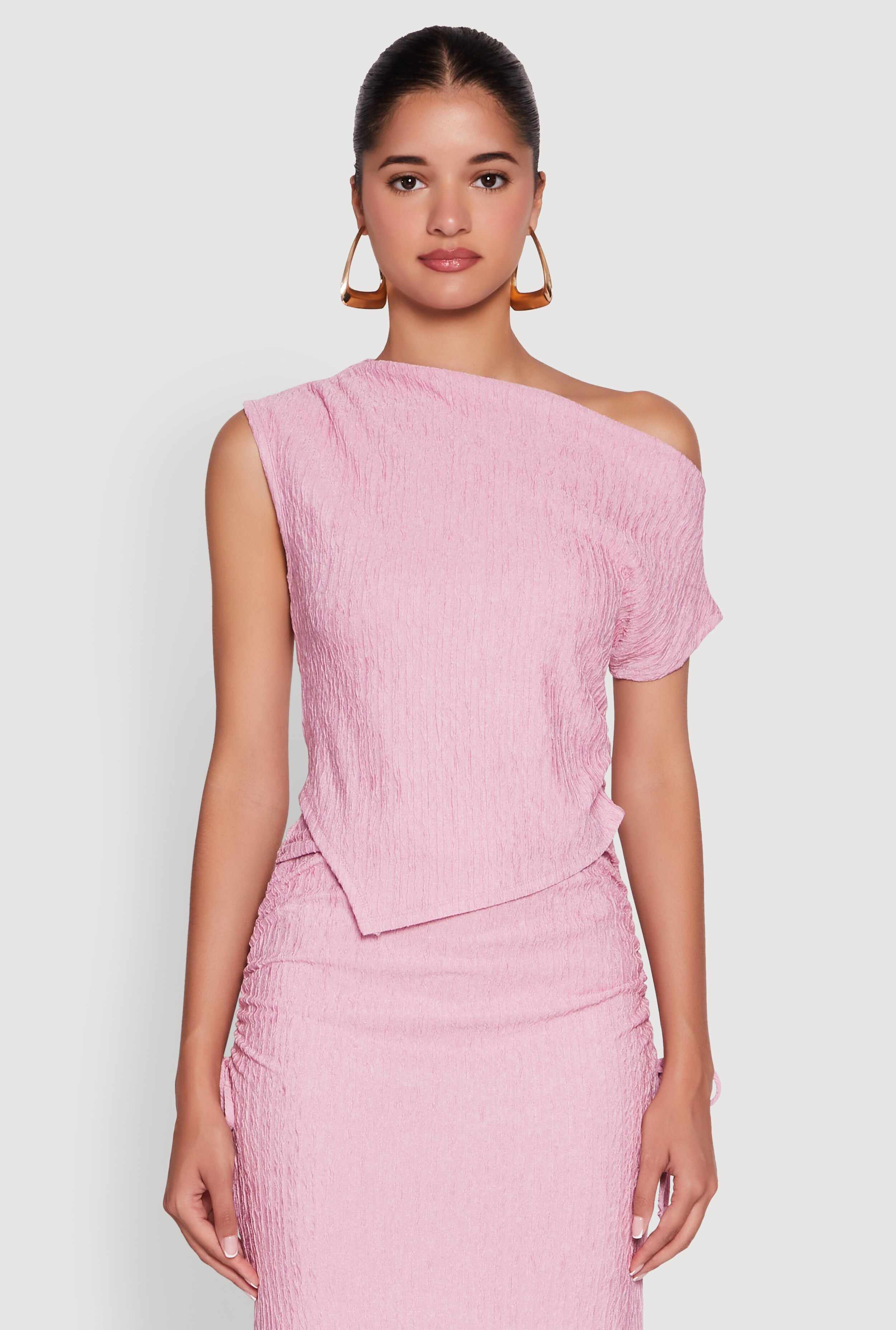 Trendy Solid One Shoulder Textured Knit Blouse