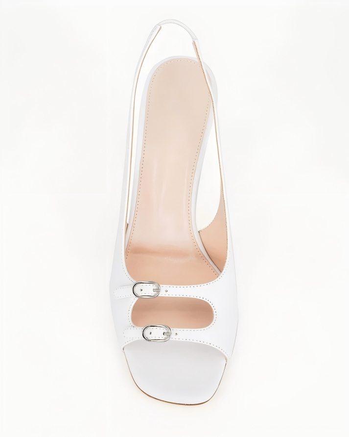 White Leather Slingback Block Heels