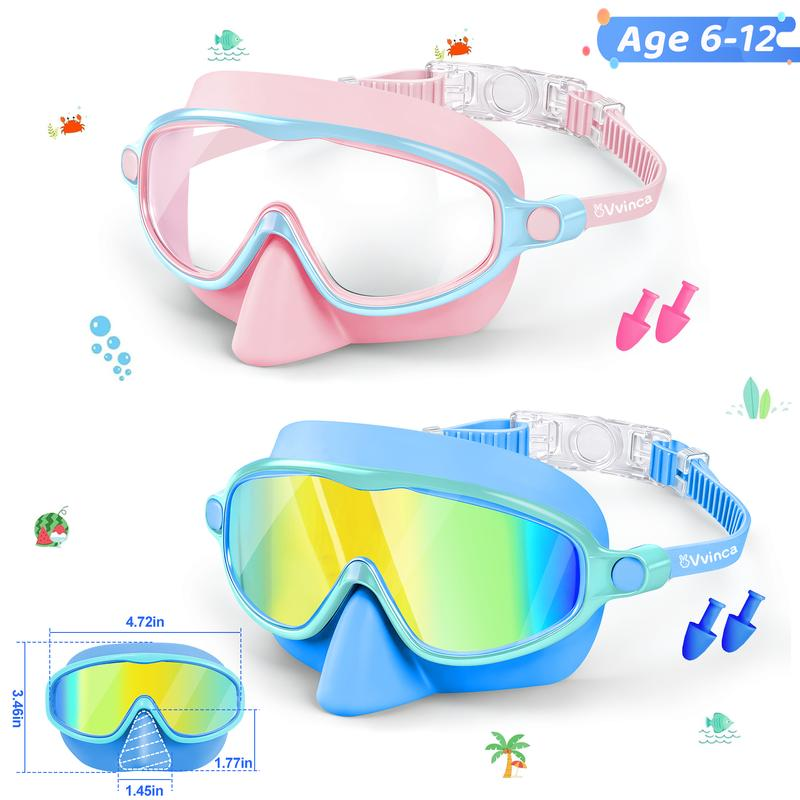 Swim Goggles 2 Pcs with Nose Cover for Ages 3-12+ Kids,Youth,UV Protection Anti-Fog Wide View Anti-Shattered Lens for Boys and Girls - Safety anti-uv swim glass anti-fog swimming goggles for Outdoor, Lake,Beach, Summer Party