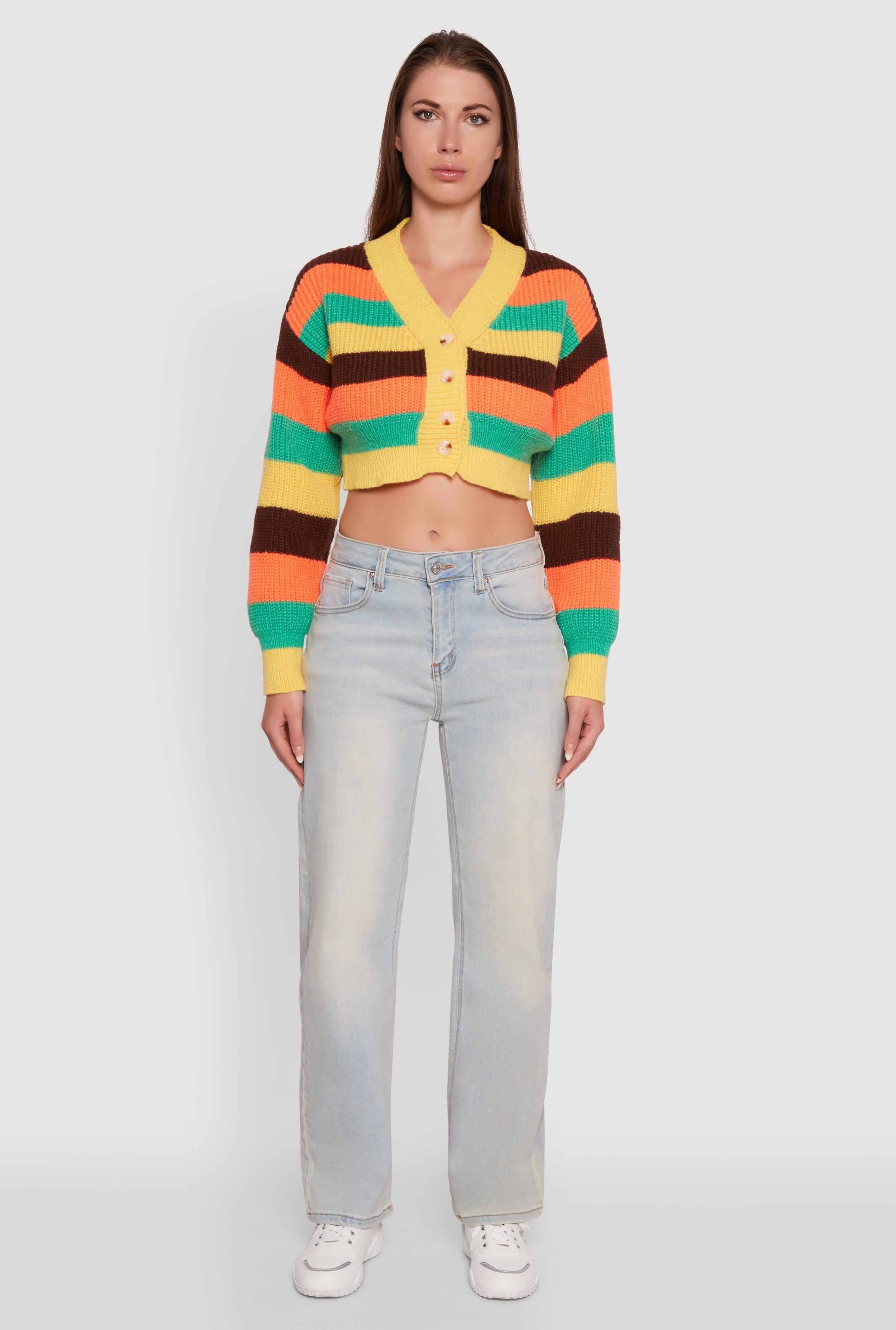 Daisy Striped V-Neck Button Front Cropped Cardigan