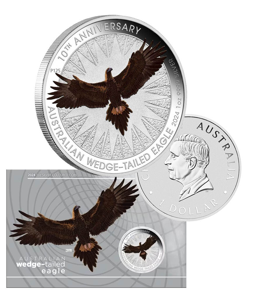 2024 Australia $1 1-oz Silver Wedge Tailed Eagle Colorized NGC MS70 First Releases w/Flag Label & Mercanti Signature
