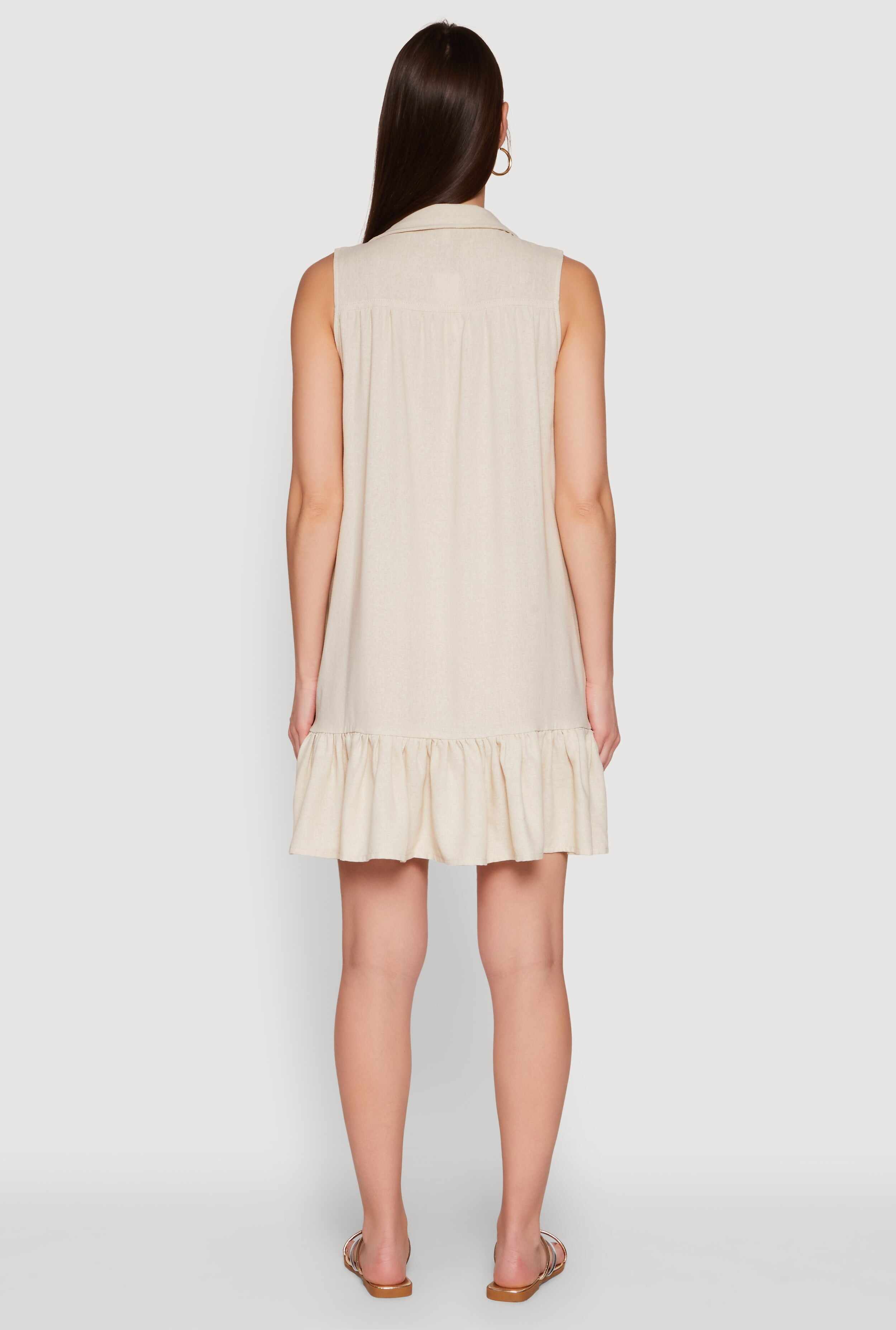 Trendy Linen Sleeveless Shirt Dress with Flounce Hem