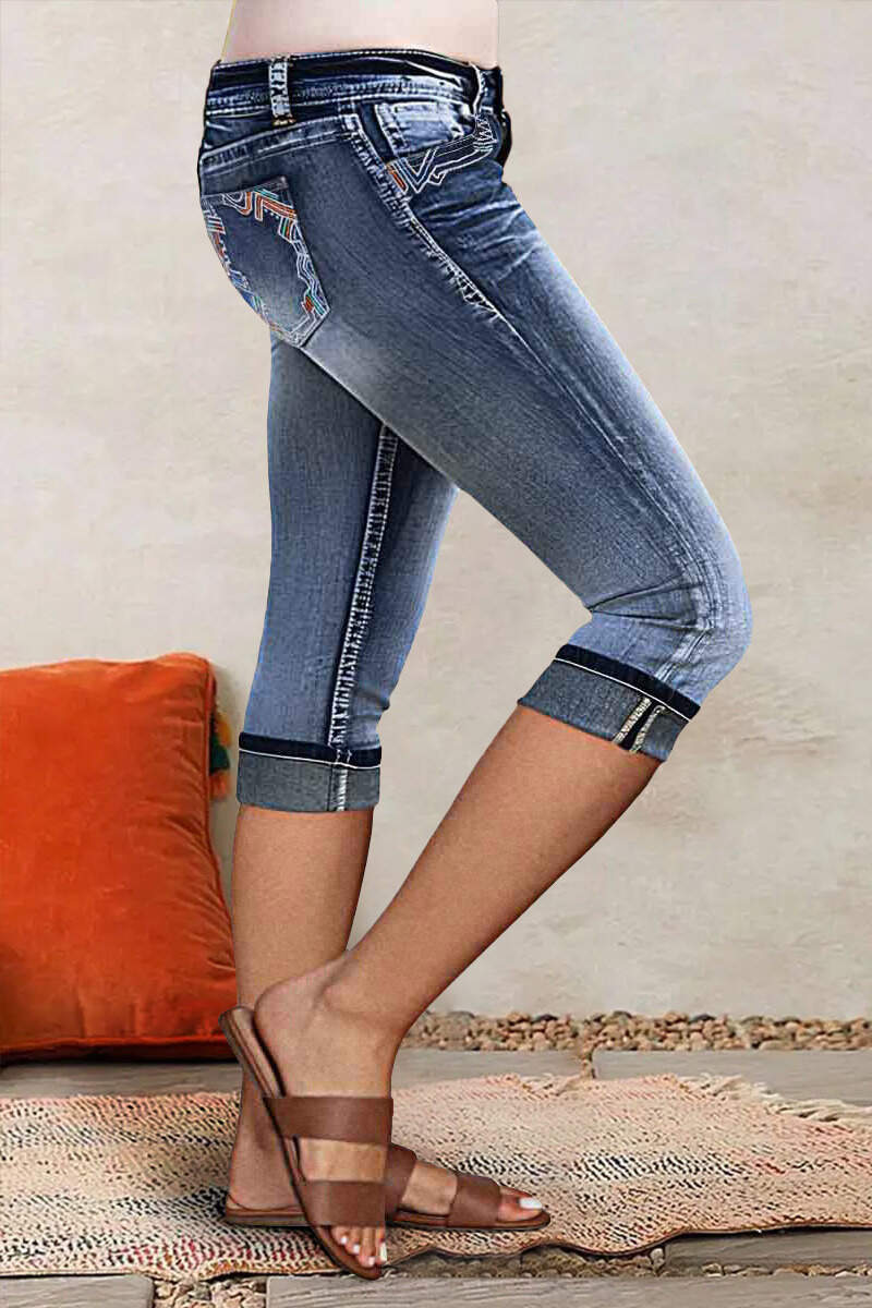 Embroidered Wash High Stretch Low Waist Capri Jeans