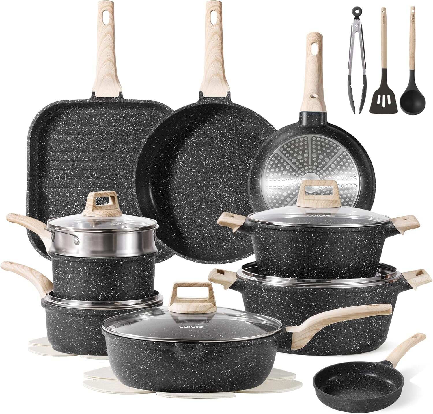 CAROTE ICE 35pcs Pots and Pans Set, Nonstick Cookware Sets, White Granite Induction Cookware with Kitchen Knife Set