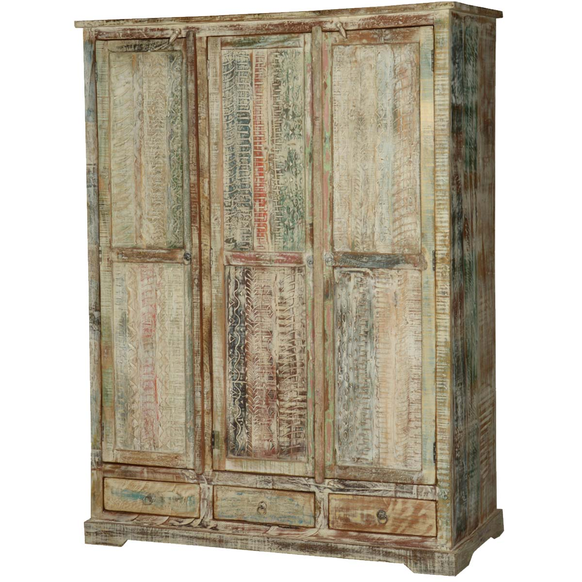 White Distressed Washed Solid Wood Large Wardrobe Armoire w Drawer