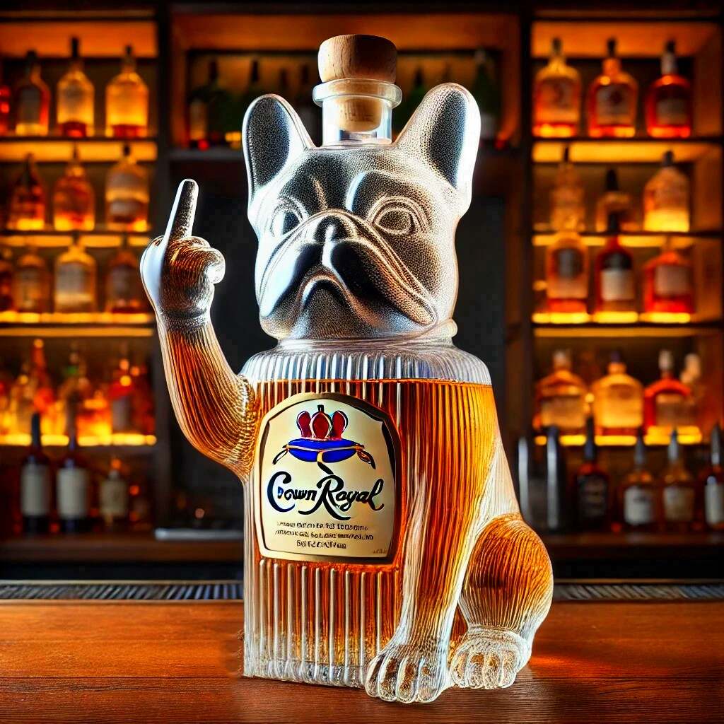 Funny French bulldog showing middle finger to whiskey bottle