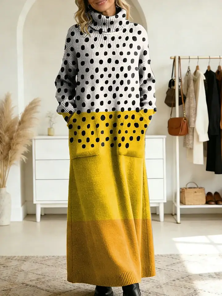 🔥Summer Arrivals🌟Women's Retro Abstract Geometric Colorful Splicing Patterns Art High-neck Long-sleeve Casual Loose Knit Dress
