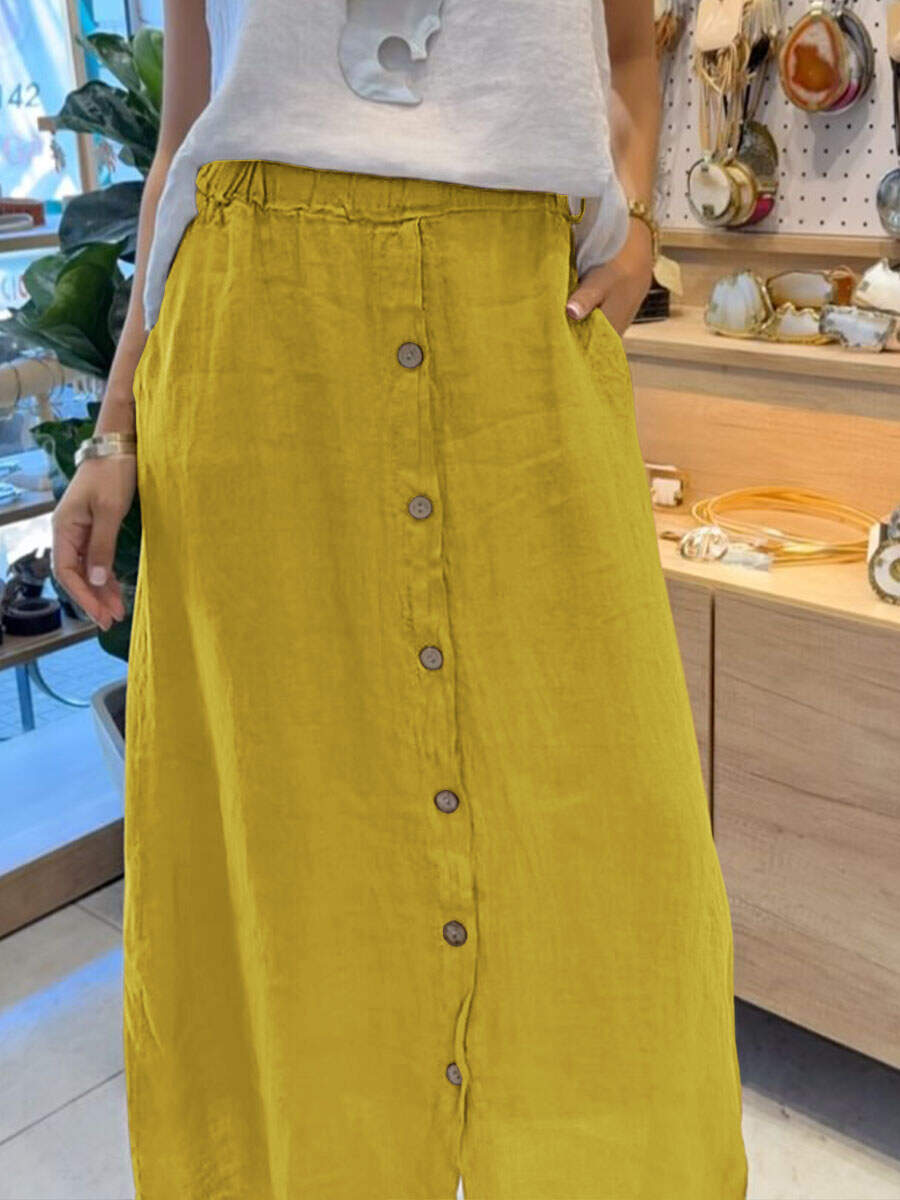 🔥Summer Arrivals🌟Women's Solid Color Elastic Waist Buttons Casual Pockets Linen Skirt